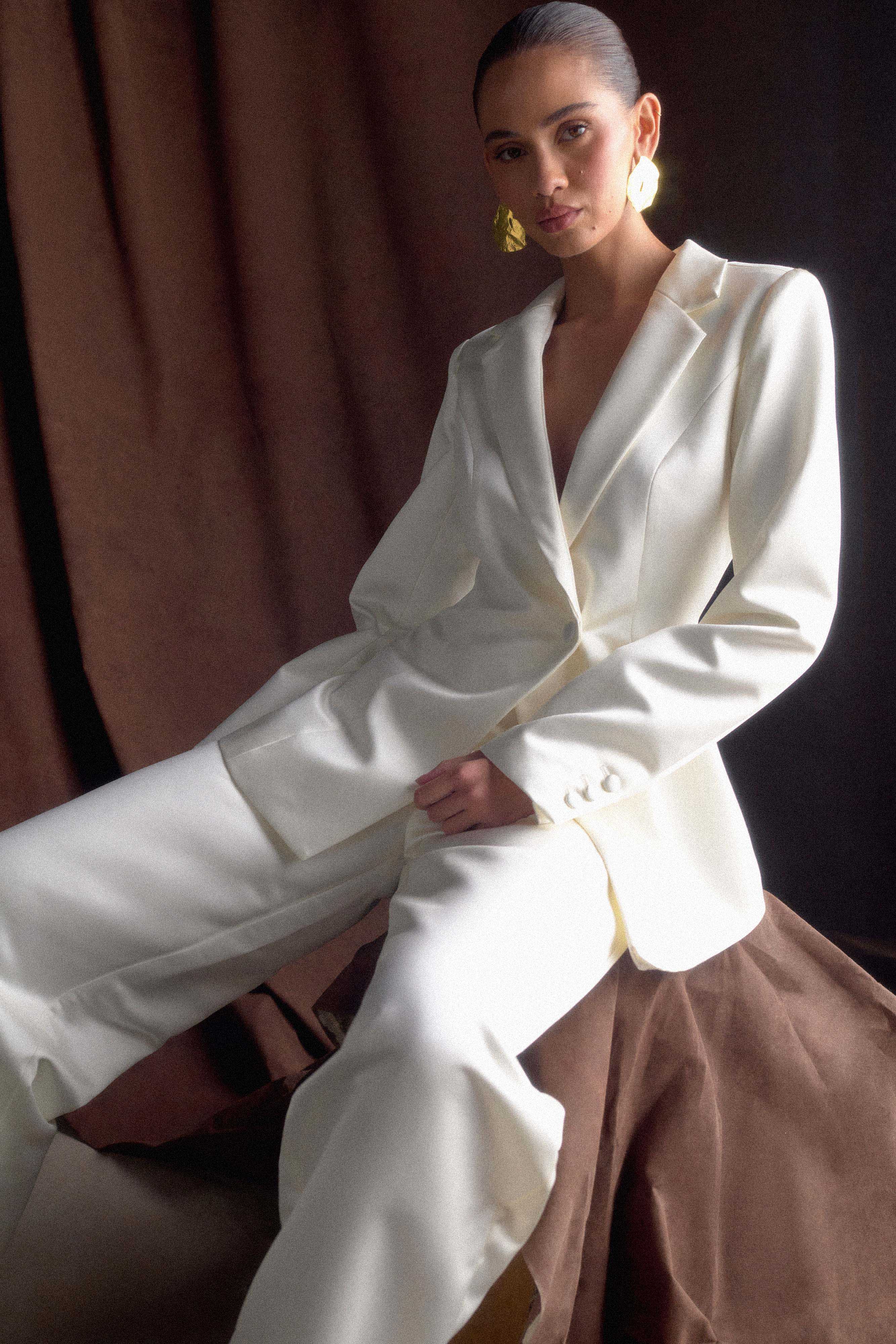 Ada Tailored Satin Blazer - Ivory、mySite、solidvoid