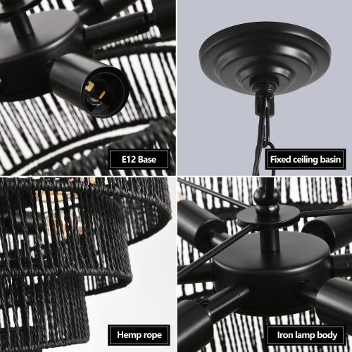 20" Rustic 4-Tier Black Hemp Rope Pendant Light Chandelier with 6 E12 Sockets, Handmade Tiered Boho Ceiling Light Fixture for Dining Room, Kitchen, or Foyer (Bulb Not Included)、、eastwooduniform