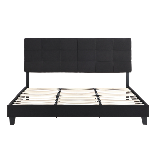 King Size Upholstered Platform Bed Frame with Button Tufted Linen Fabric Headboard, No Box Spring Needed, Wood Slat Support, Easy Assembly, Gray、、casual