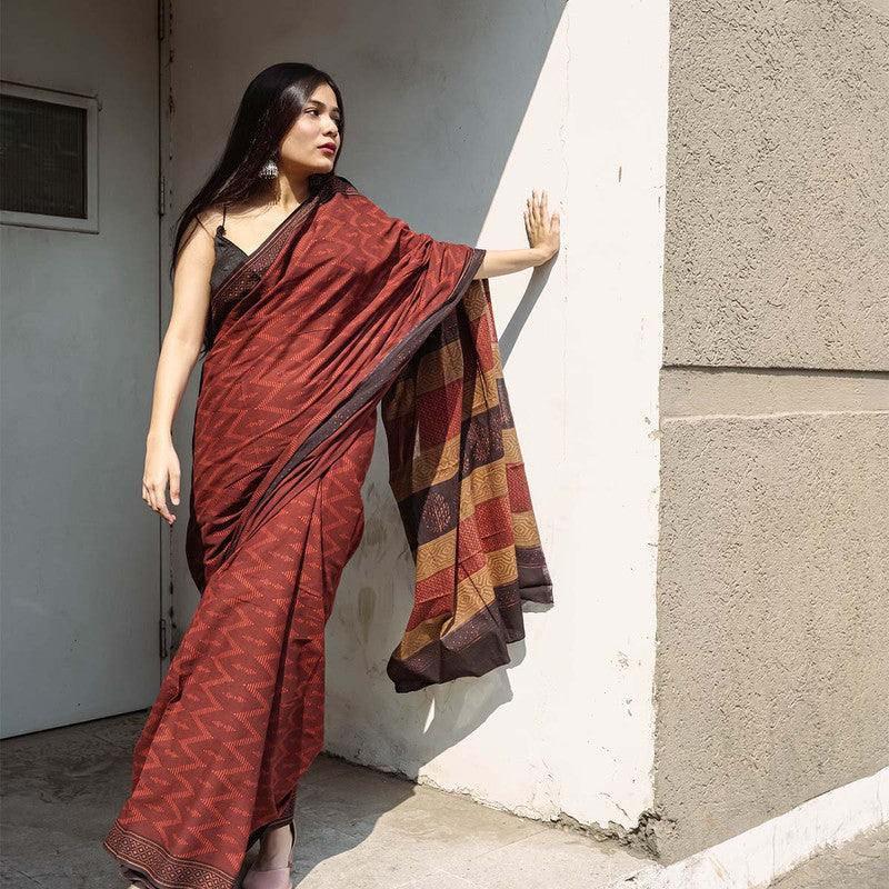 Bagru Printed Chanderi Maroon Saree、mySite、camillekostekn