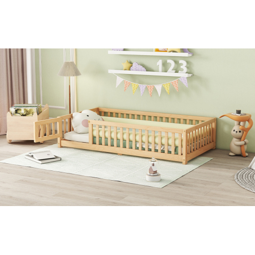 Twin Size Bed Floor Bed with Safety Guardrails and Door for Kids, Natural(Old SKU: W158090686)、、casual