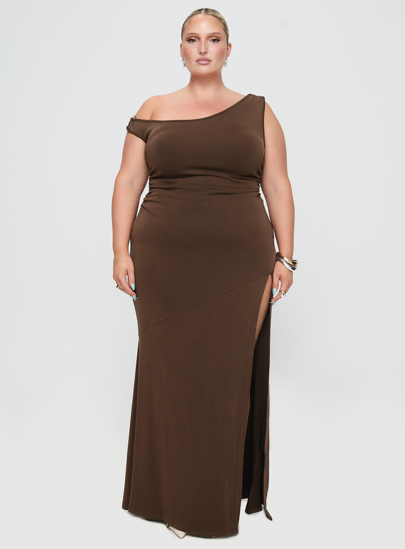 Rios One Shoulder Maxi Dress Brown Curve、mySite、solidvoid