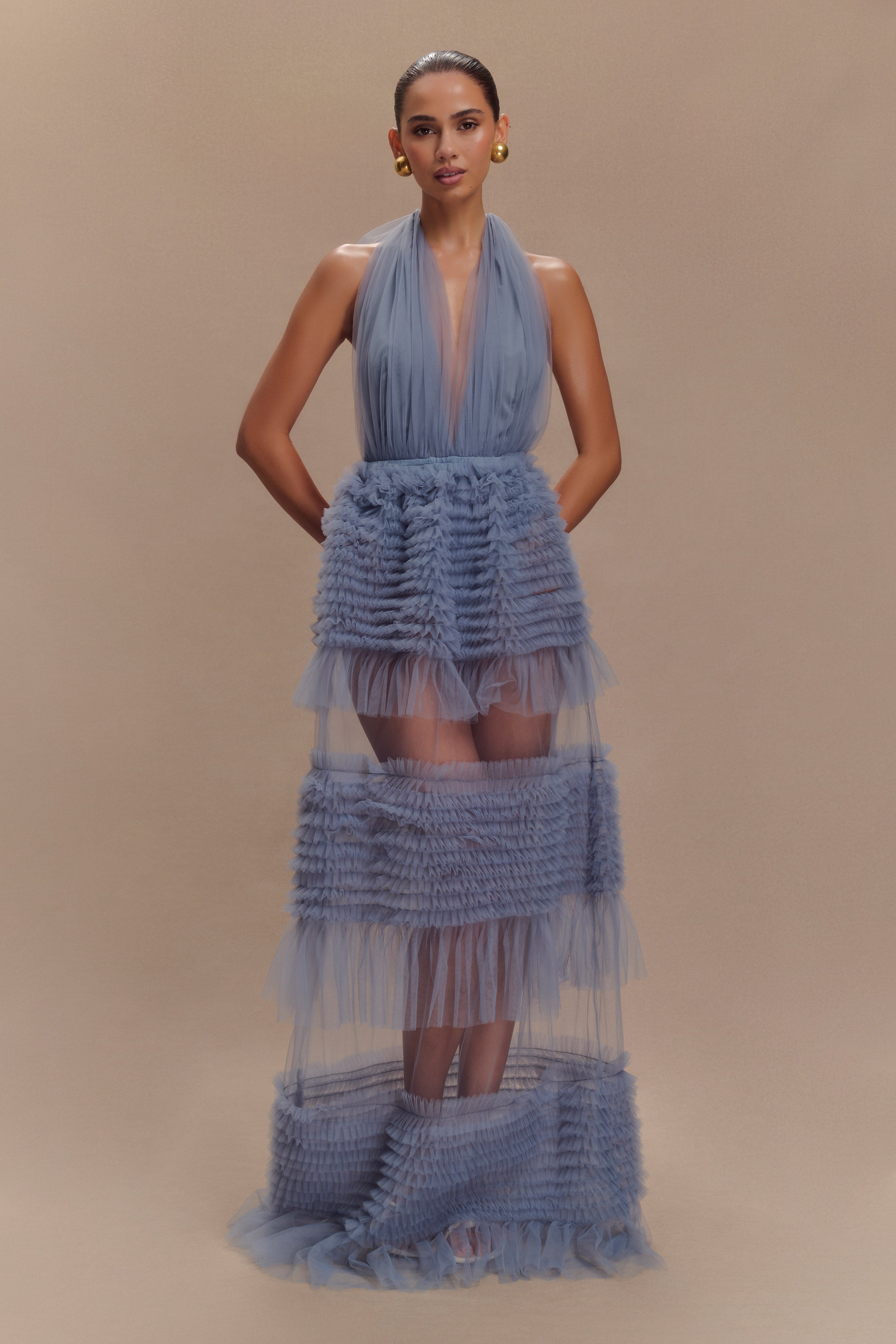 Minka Mesh Ruffle Halter Maxi Dress - Dusty Blue、mySite、solidvoid