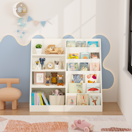 Kids Bookshelf and Toy Storage Organizer, Multifunctional 4 Tier Wooden Kids Book Shelf with Bookcase Display Stand in Kids Room Playroom Nursery for Kids, Children, Toddlers (White)、、casual