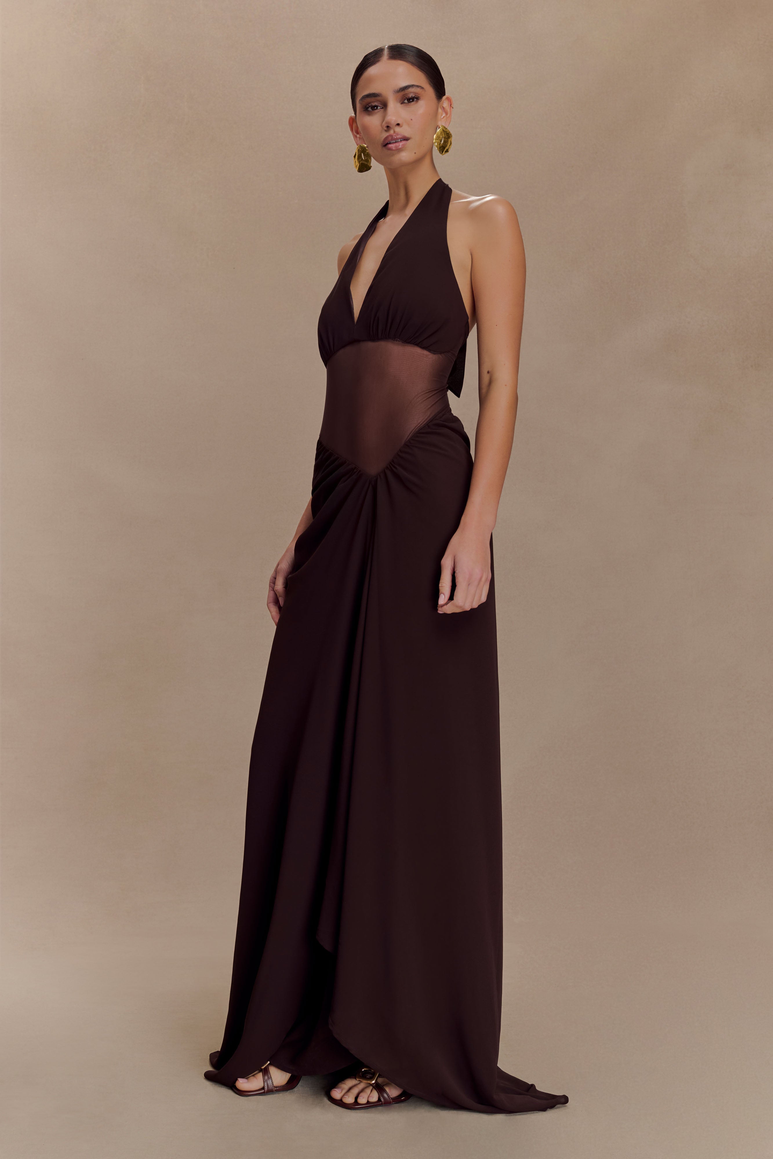 Jonna Chiffon And Mesh Maxi Dress - Dark Chocolate、mySite、solidvoid
