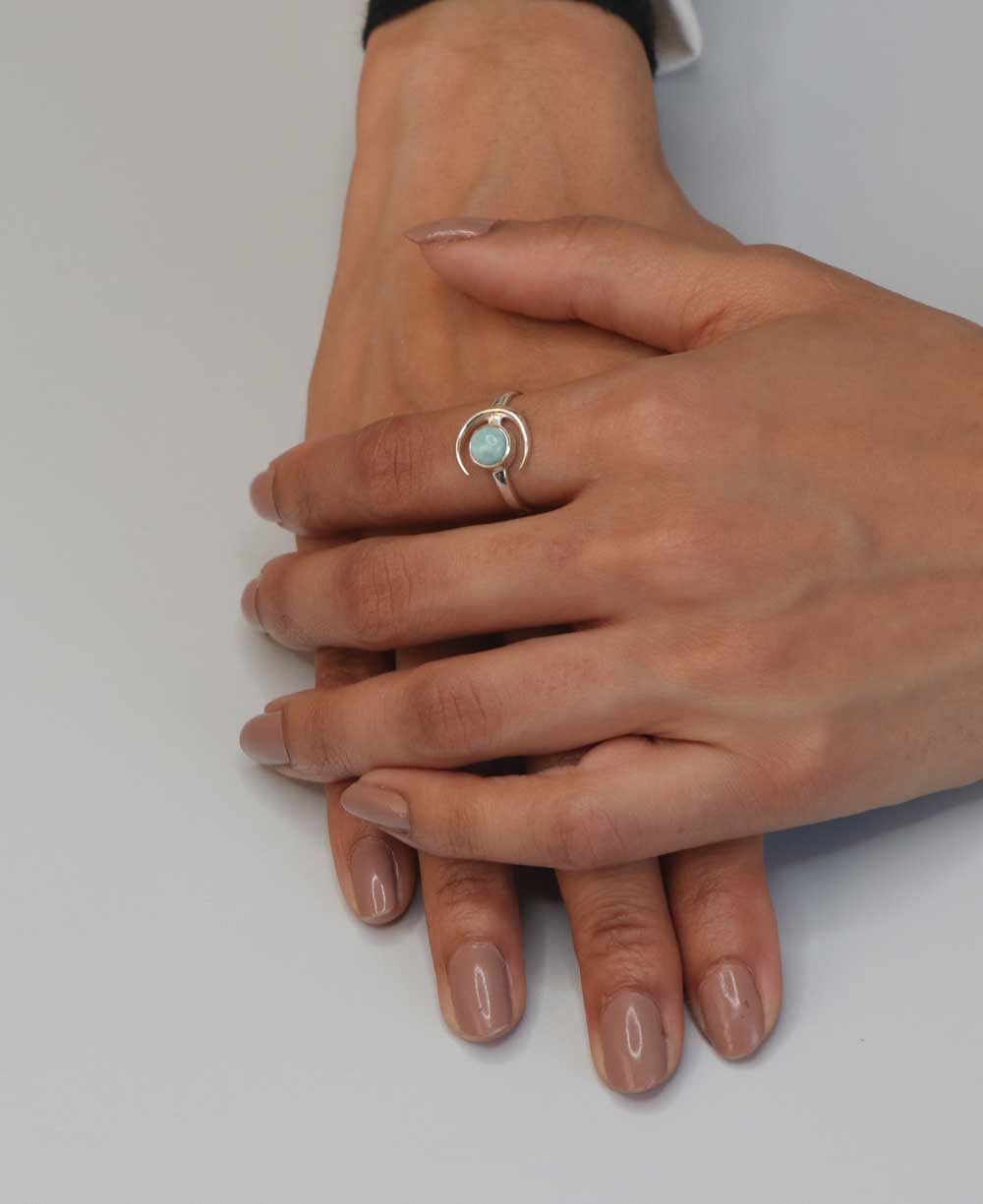 Sterling Silver Larimar Gemstone Ring with Crescent Moon Design、mySite、topwebapps