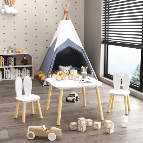 Kids Table and 2 Chairs Set, 3 Pieces Toddler Table and Chair Set, Wooden Activity Play Table Set (Lion&Monkey)、、casual