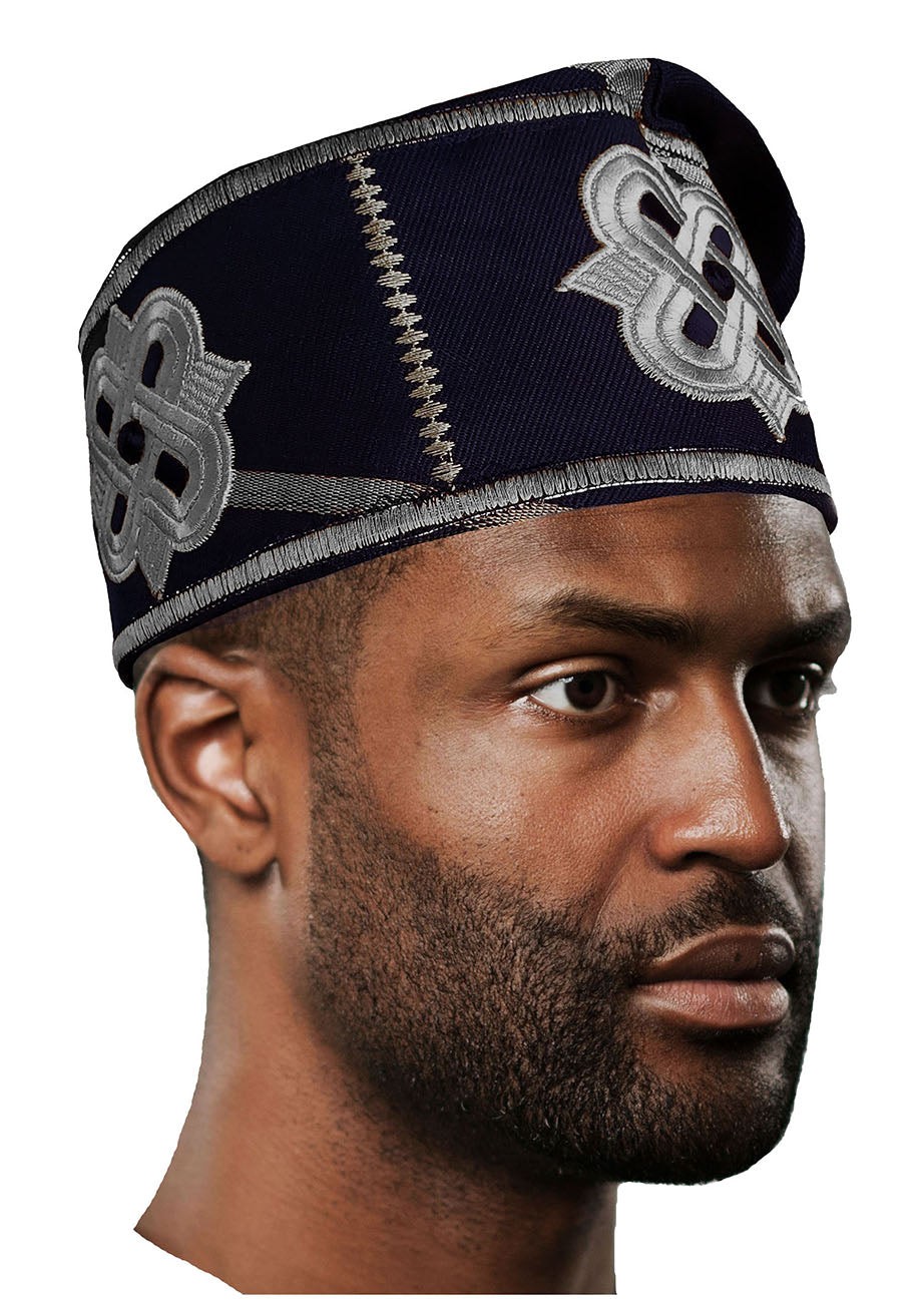 Navy-blue and Silver Embroidered African Hand woven Aso Oke Yoruba Hat、mySite、solidvoid