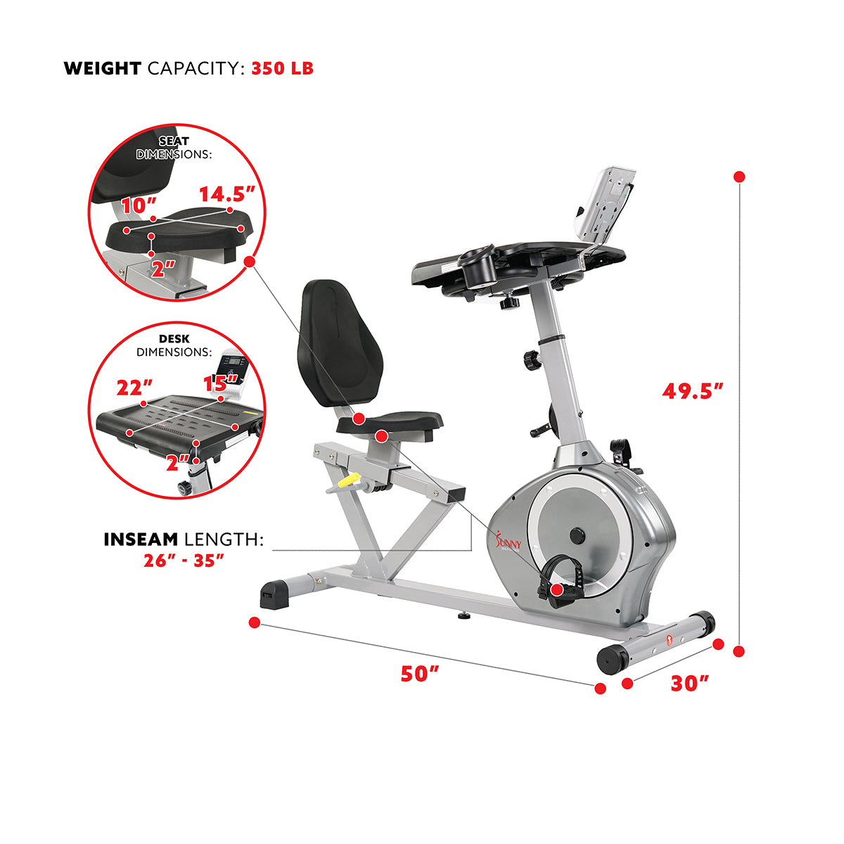  Magnetic Recumbent Exercise Bike with Desk, 350 LB Weight Capacity、mySite、ghnorth