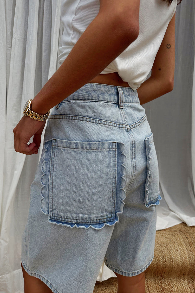 Denim Scallop Pocket Long Shorts、mySite、solidvoid