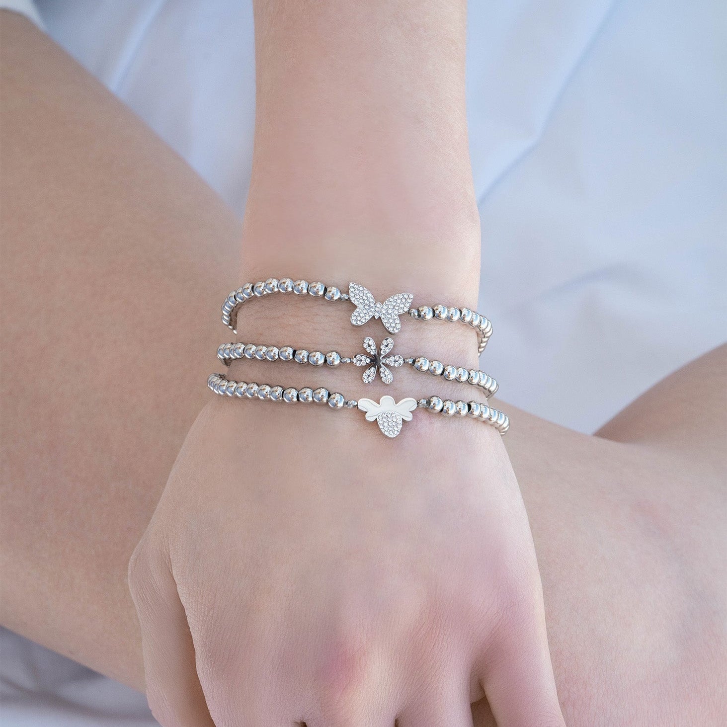 18K Gold PVD Stainless Steel Stone Bee Metal Beaded Stretch Bracelet / BRJ1022、mySite、dreamappss