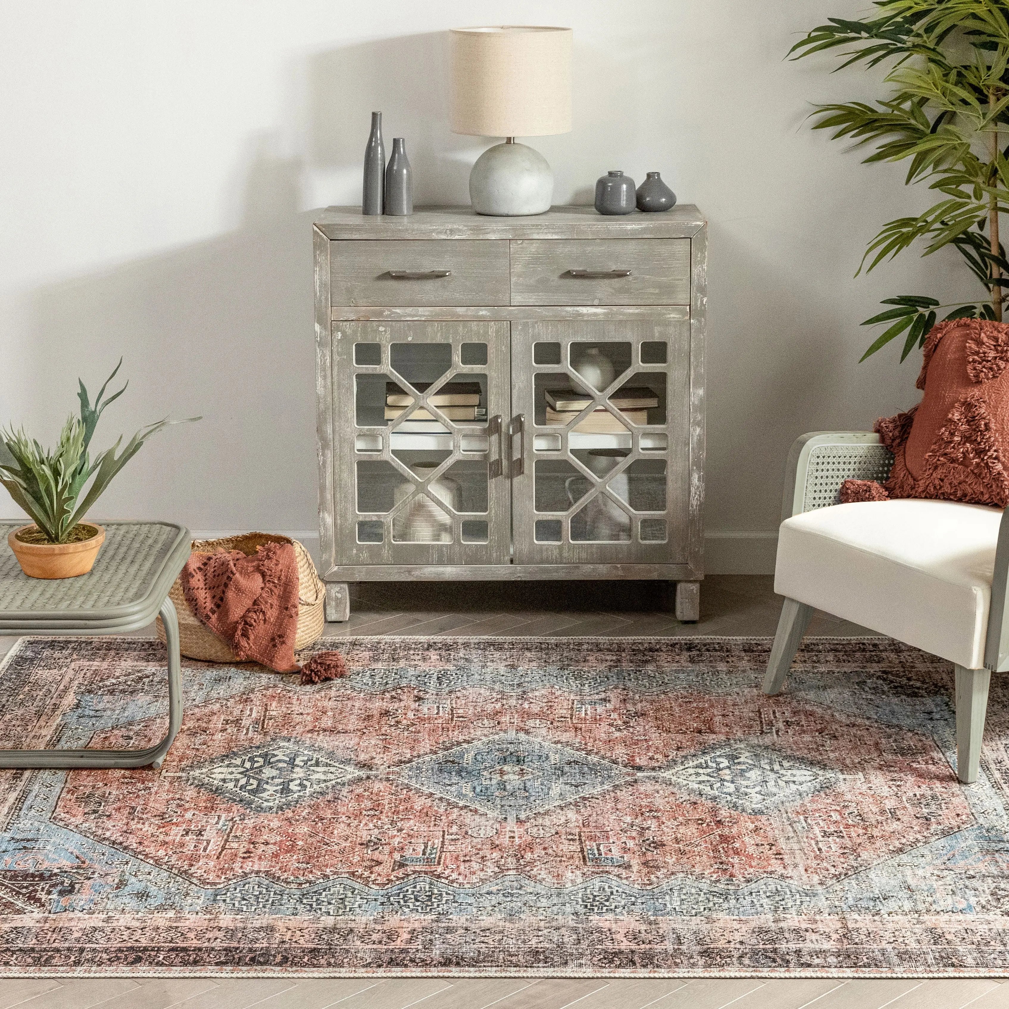 Menda Machine Washable Vintage Bohemian Meallion Oriental Light Blue Flat-Weave Distressed Rug、mySite、gigharbornorthrealestate