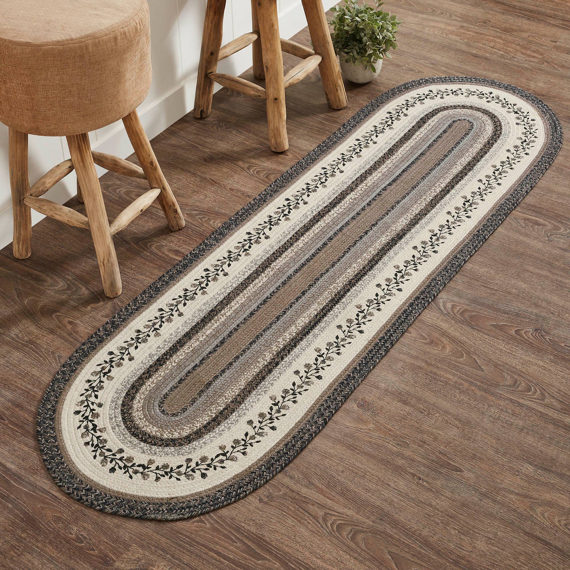 Floral Vine Jute Runner Oval Rug w/ Pad 24x78 Neutral Elegant Colors、mySite、g9winljtr