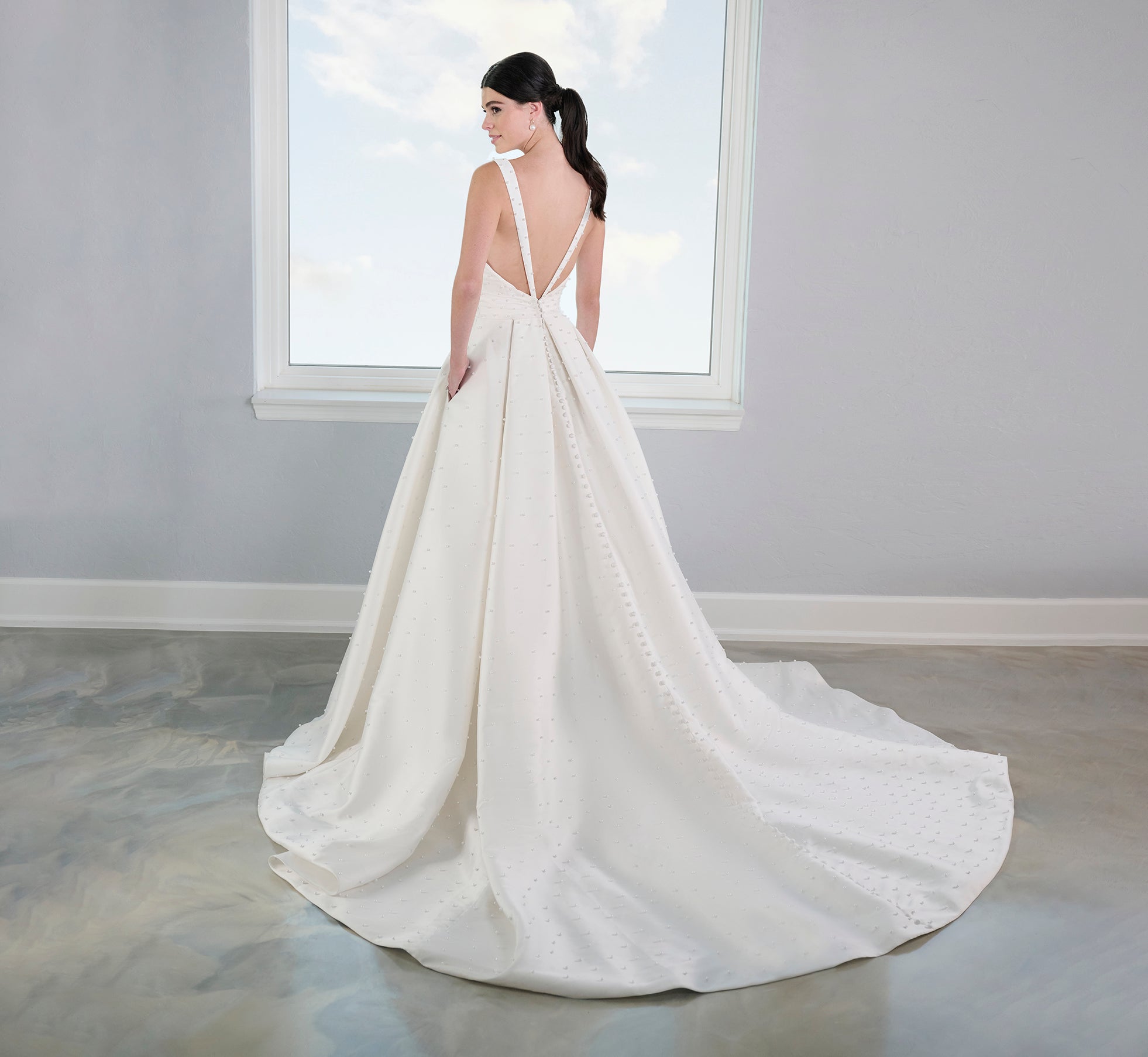 Pearl Studded Mikado A-Line Gown In Ivory Nude、mySite、solidvoid