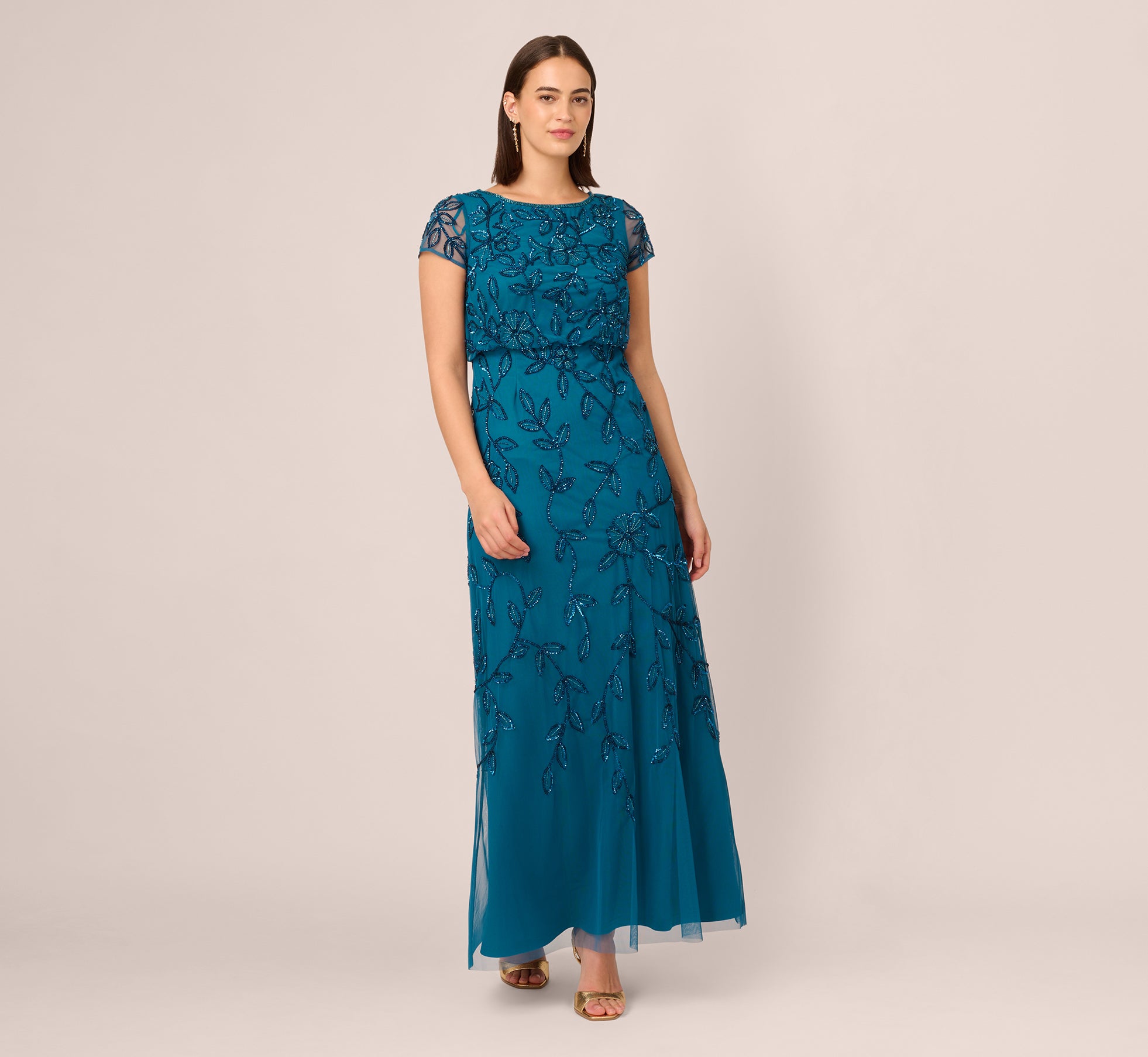 Jasmine Beaded Blouson Gown With Sheer Short Sleeves In Teal Sapphire、mySite、solidvoid
