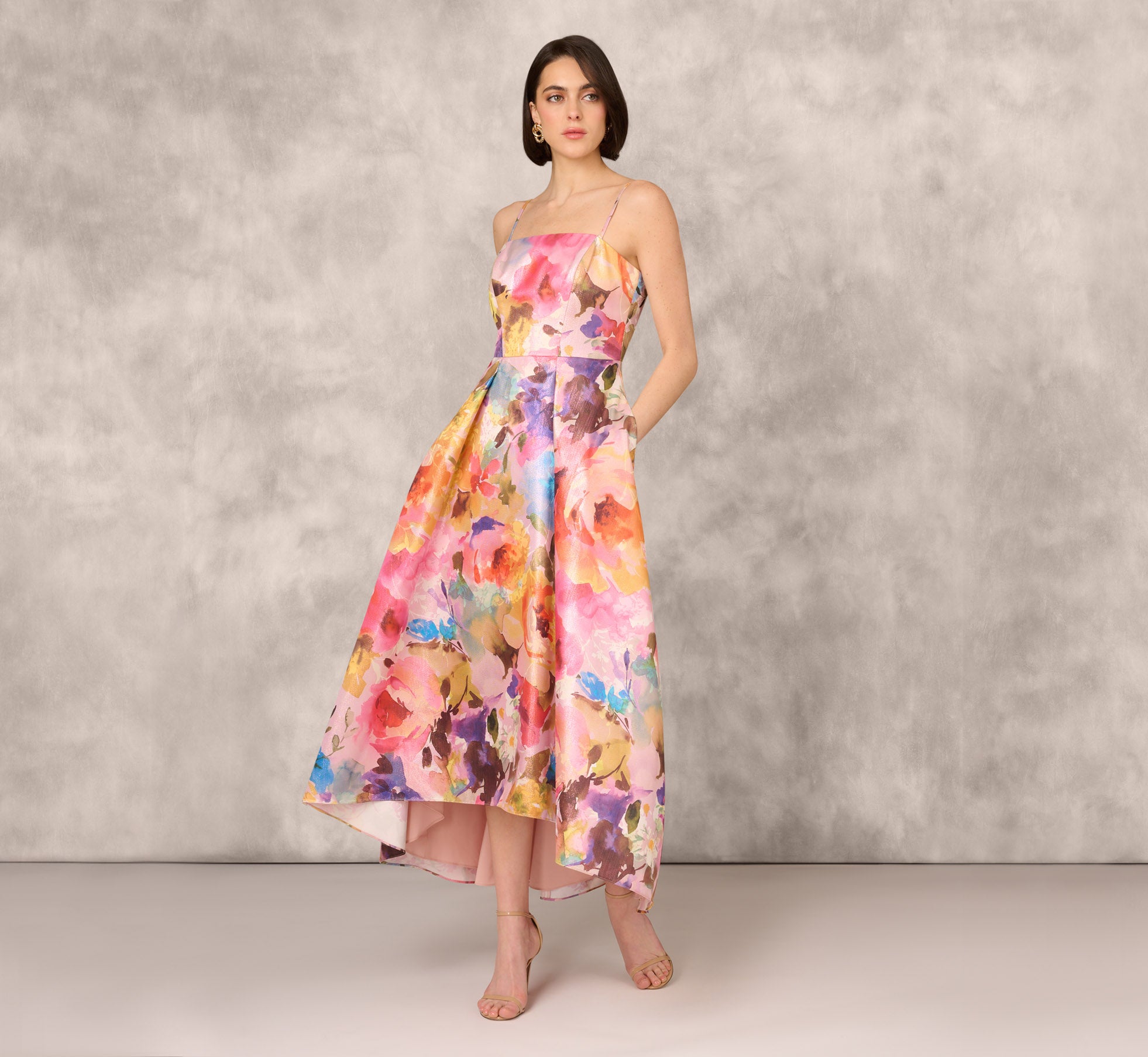 Multicolor Metallic Floral Print Jacquard High Low Gown With Pockets In Pink Multi、mySite、solidvoid