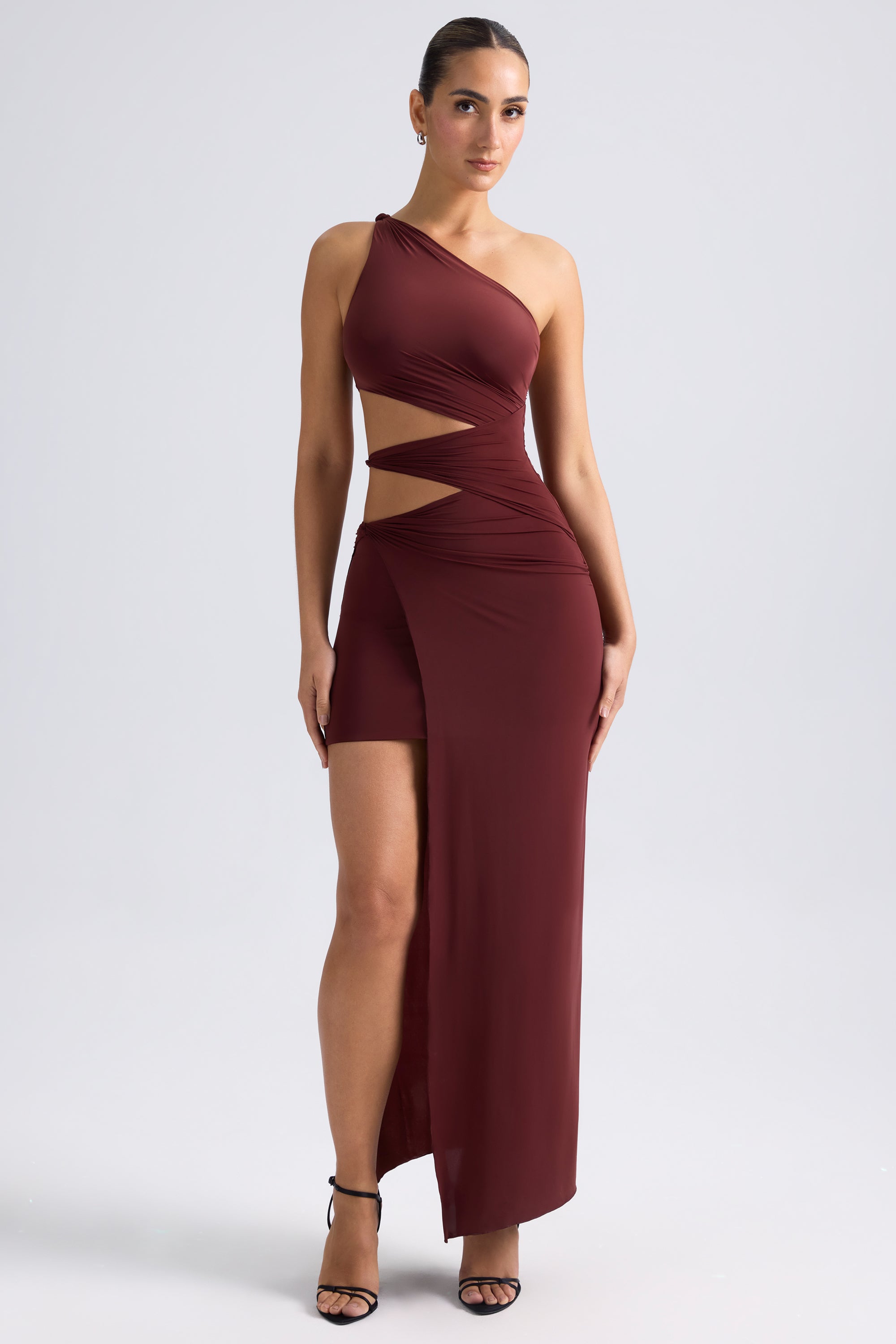 One-Shoulder Draped Cut-Out Maxi Dress in Chestnut Brown、mySite、solidvoid