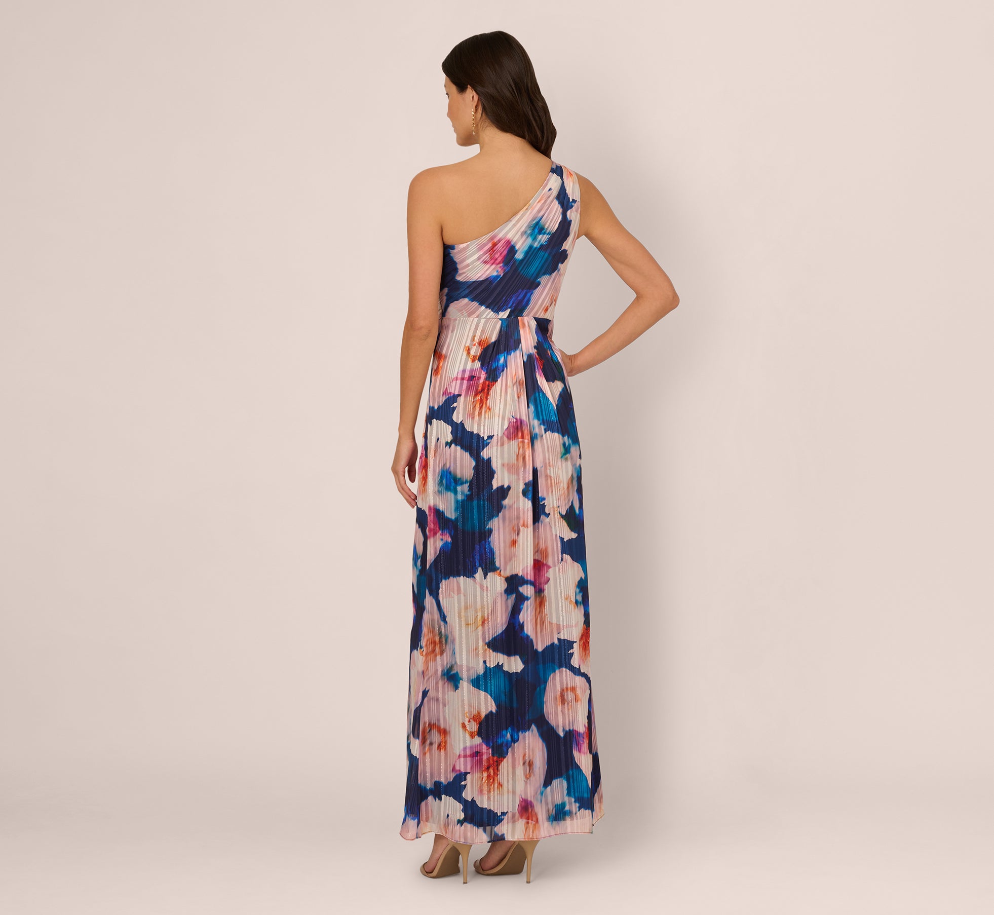Floral Print Chiffon Gown With One Shoulder Neckline In Navy Blush、mySite、solidvoid
