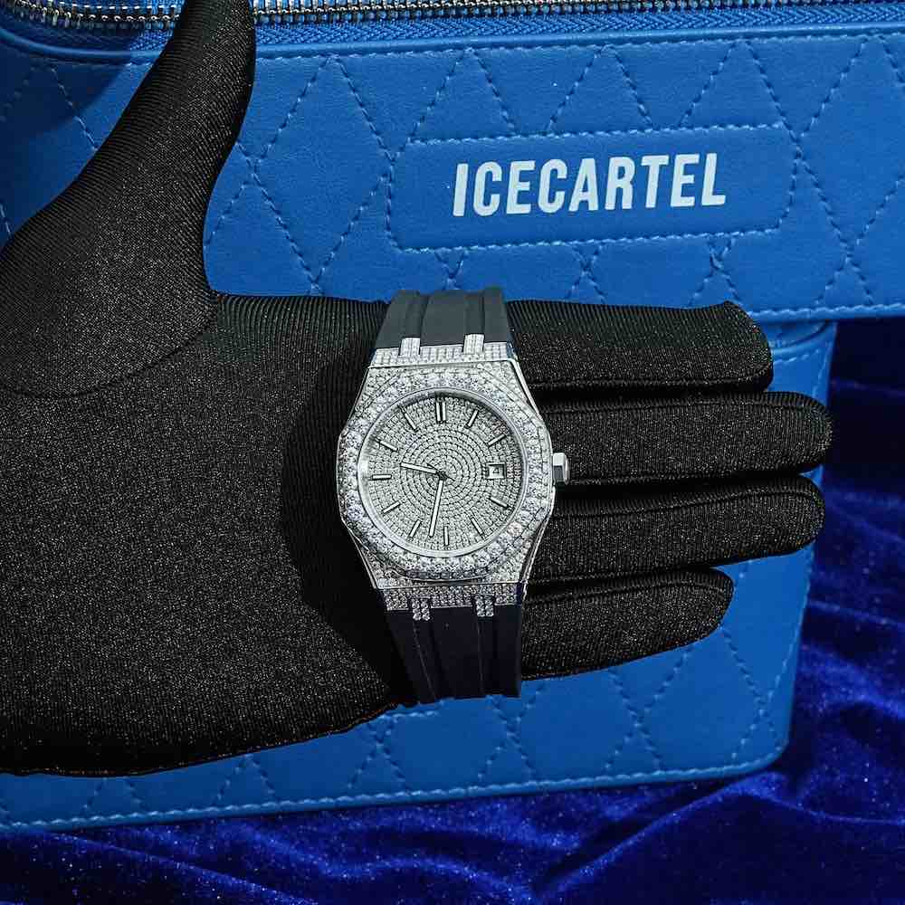 Moissanite Iced Out Silicone Band Watch | 13.5CT | 14K White Gold、mySite、hinf8tx79