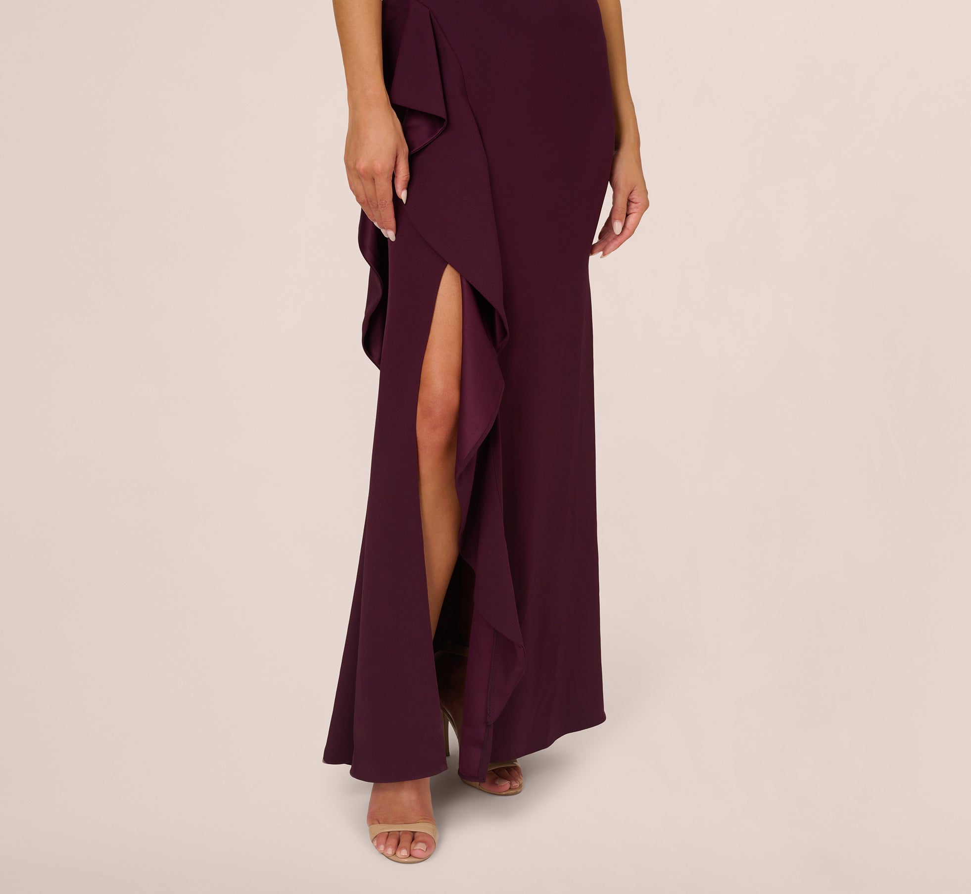 One-Shoulder Long Satin Crepe Mermaid Gown In Bordeaux Glow、mySite、solidvoid