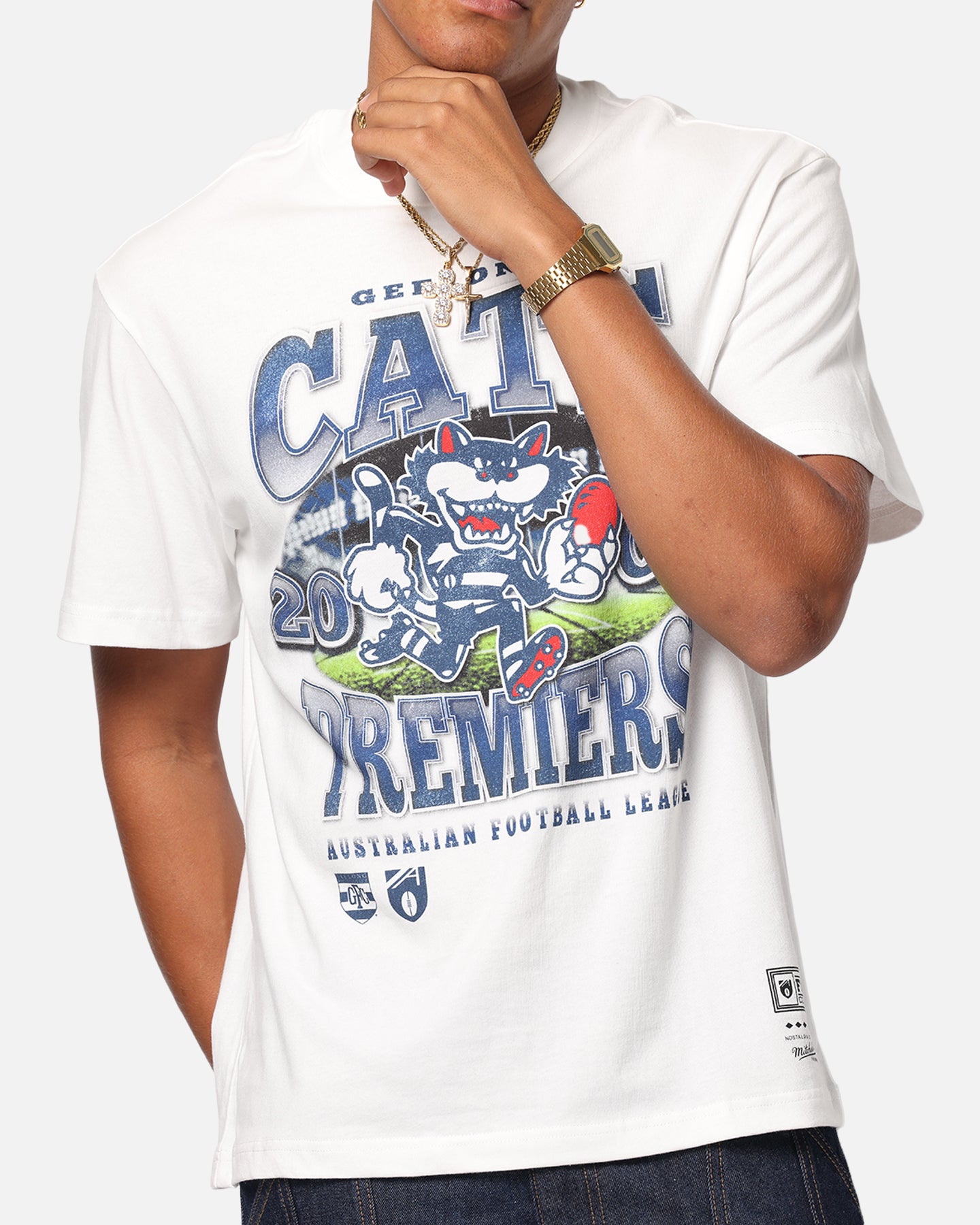 Mitchell & Ness Geelong Cats Mascot T-Shirt Vintage White、mySite、zt4zffjzw