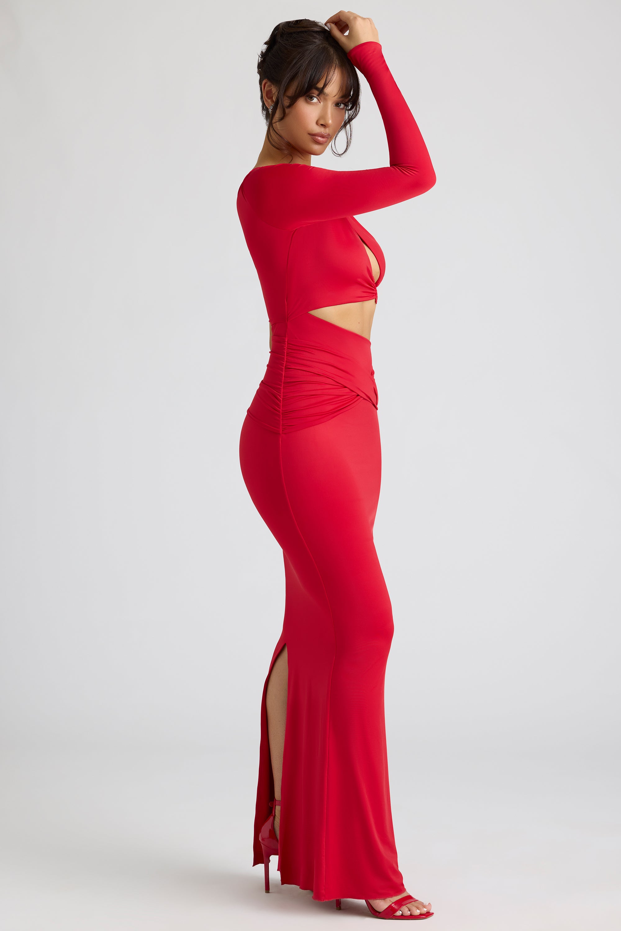 Single Sleeve Cut Out Evening Gown in Fire Red、mySite、solidvoid