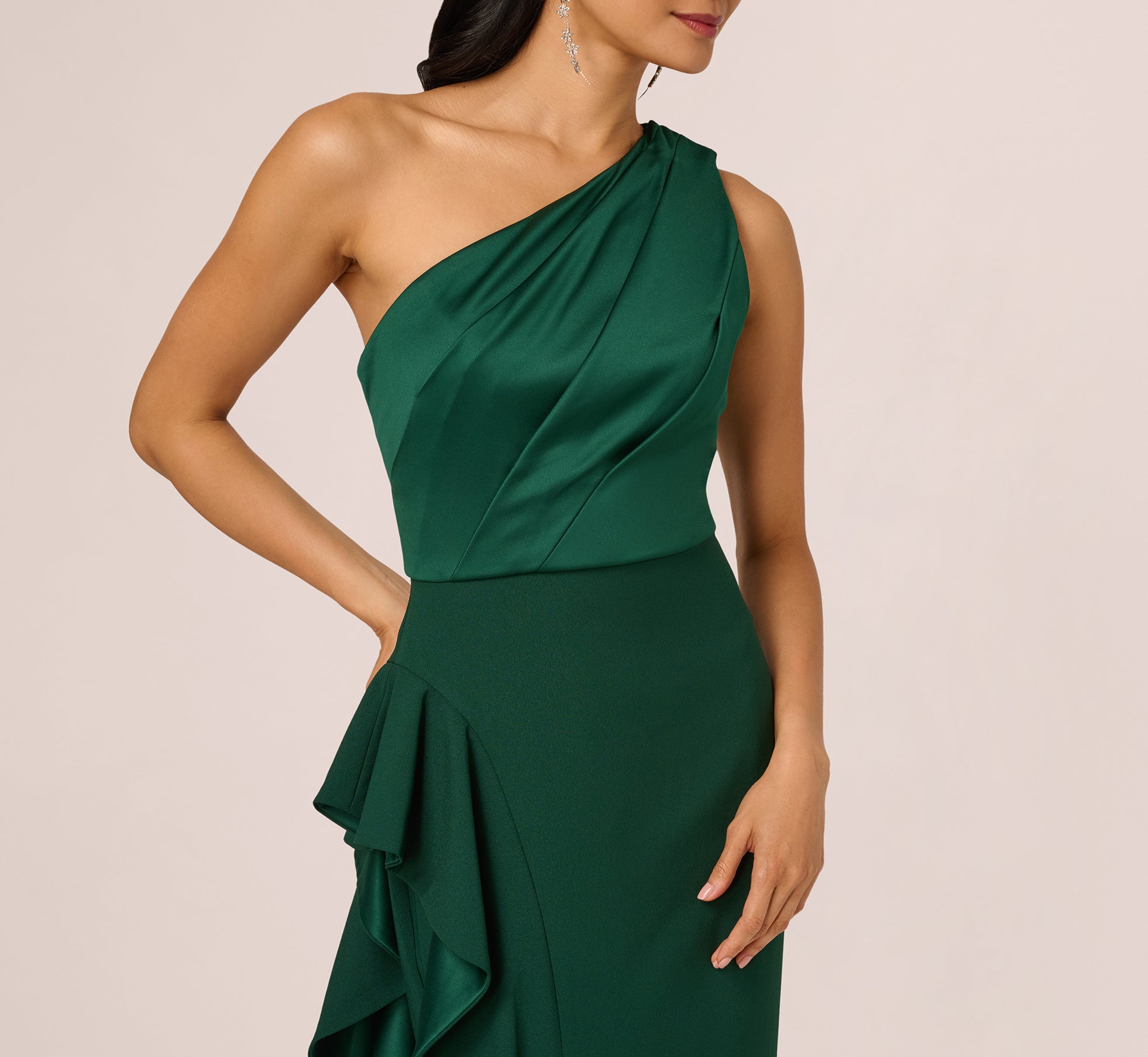 One-Shoulder Long Satin Crepe Mermaid Gown In Deep Forest、mySite、solidvoid