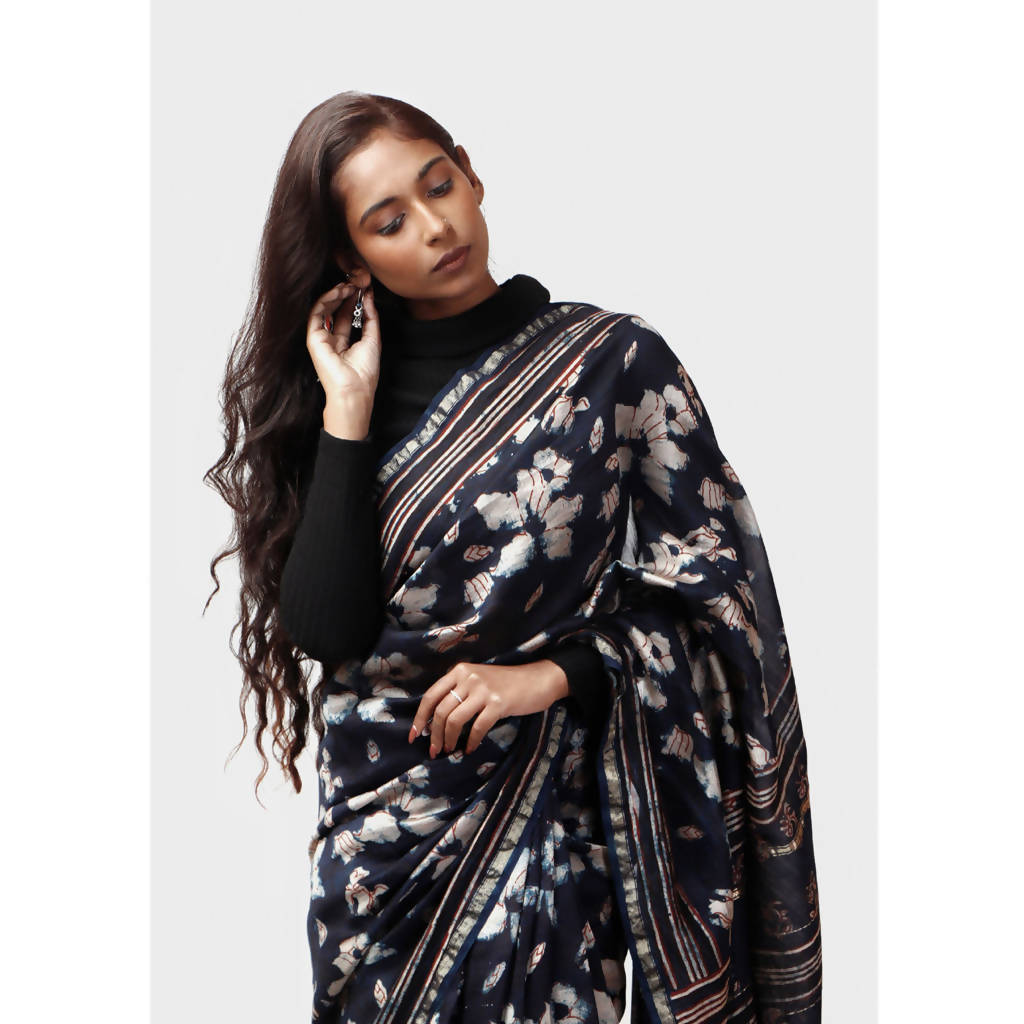 Natural Dyed Dabu Chanderi Saree| Ink Blue、mySite、camillekostekn