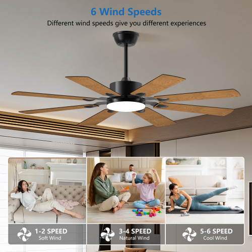 52 Inch Ceiling Fan with Lights and Remote Control, 8 Plywood Blades, 6-Speed Noiseless Reversible DC Motor, 3CCT, Windmill Ceiling fan for Kitchen Bedroom Living Room, Black、、eastwooduniform