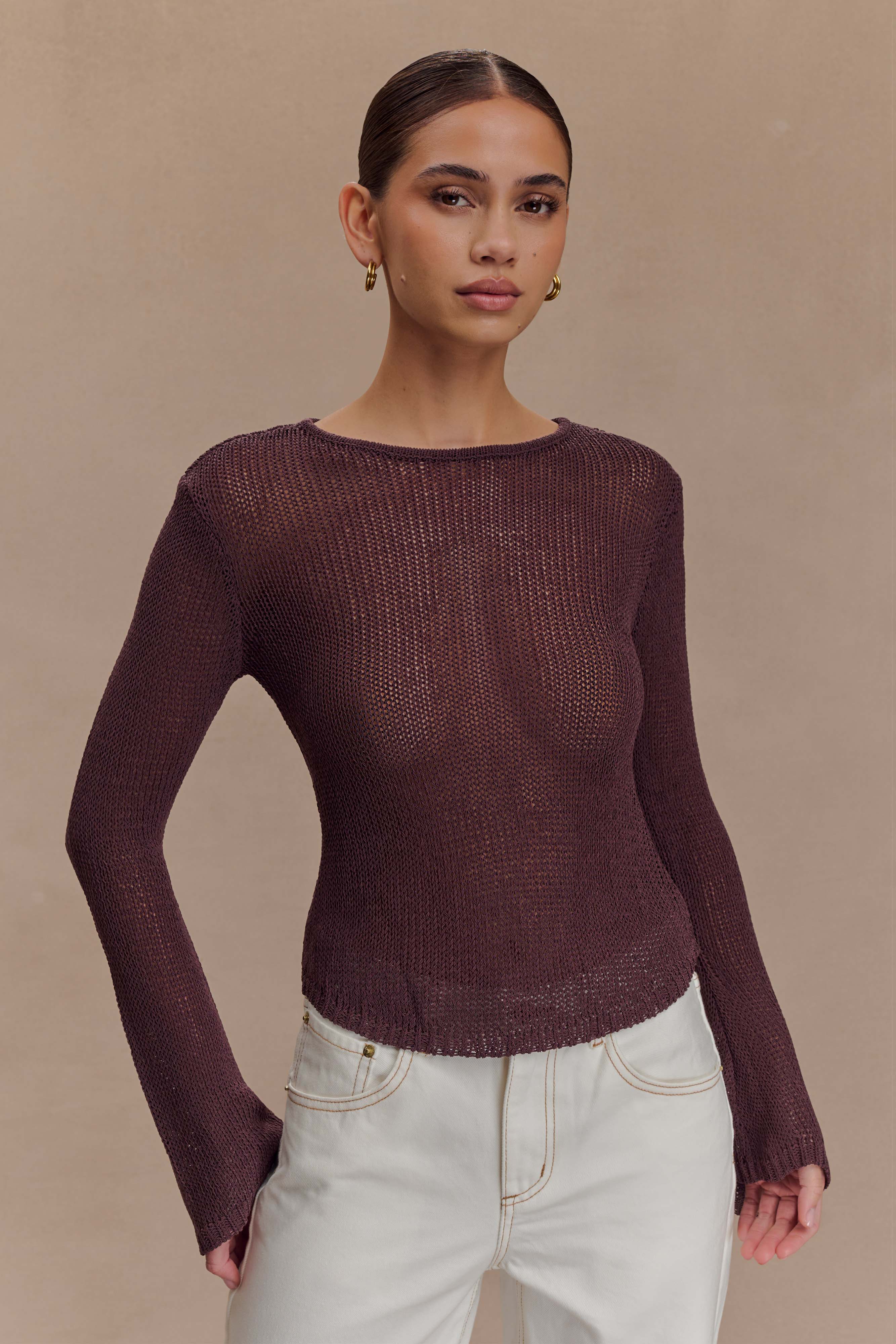 Isabella Long Sleeve Knit Top - Chocolate、mySite、solidvoid
