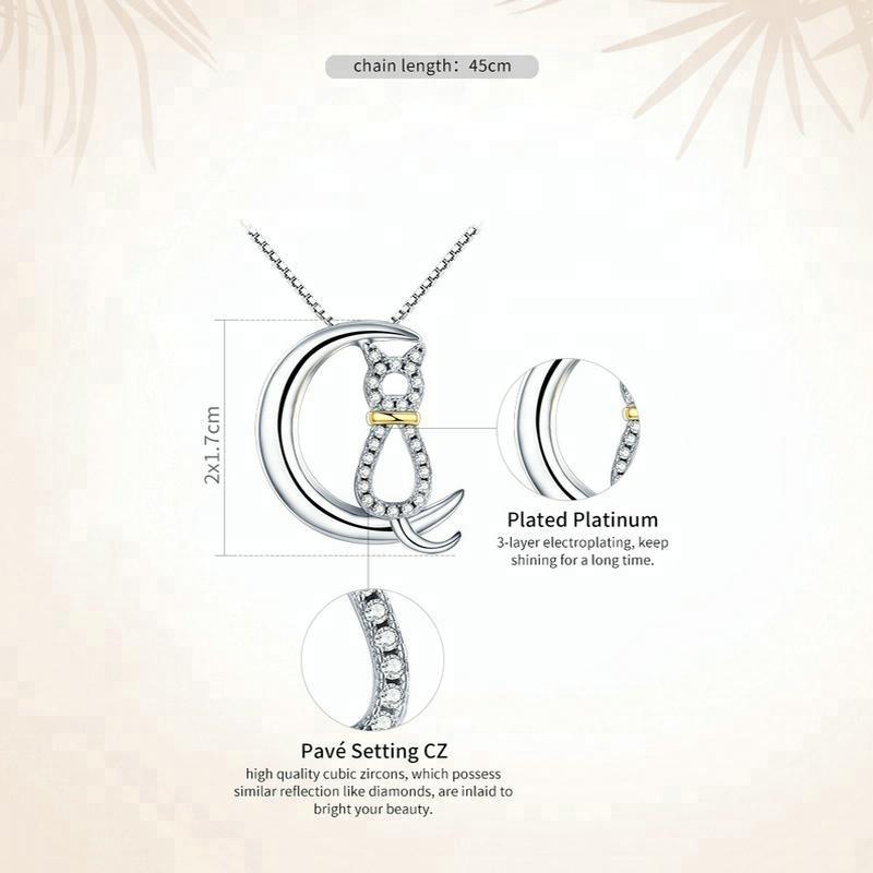 Cat in the Moon Necklaces with CZ in solid 925 Silver, Elegant and Sweet!、mySite、g9winljtr