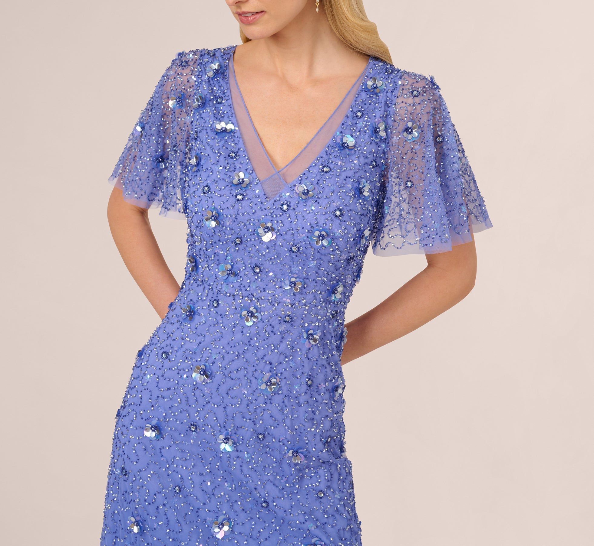 Beaded Mesh Flutter Sleeve Midi Dress In Peri Blue、mySite、solidvoid