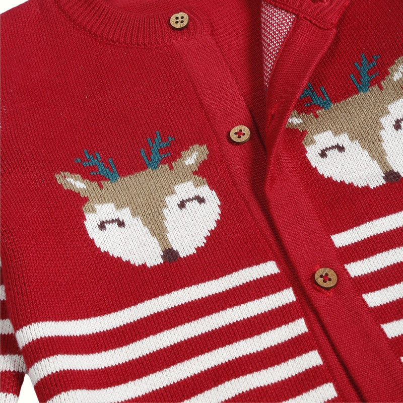 Cotton Reindeer Jacquard Sweater, Lower & Cap Set | Printed | Red | Set of 3、mySite、camillekostekn