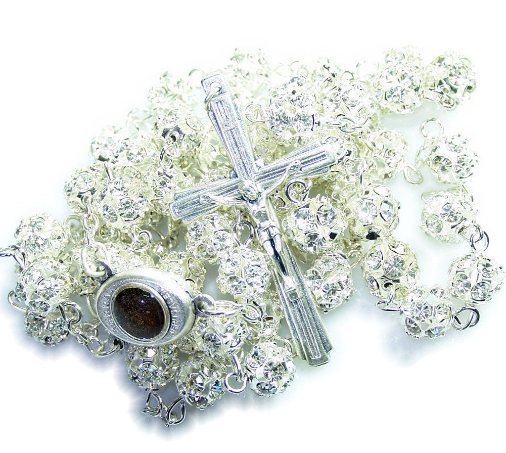  Multi Faceted Crystals Rosary - 8mm Crystal Rosary with Silver Tone Alpaca chain, Holy Land Soil and special Crucifix (White)、mySite、elrpsem3k