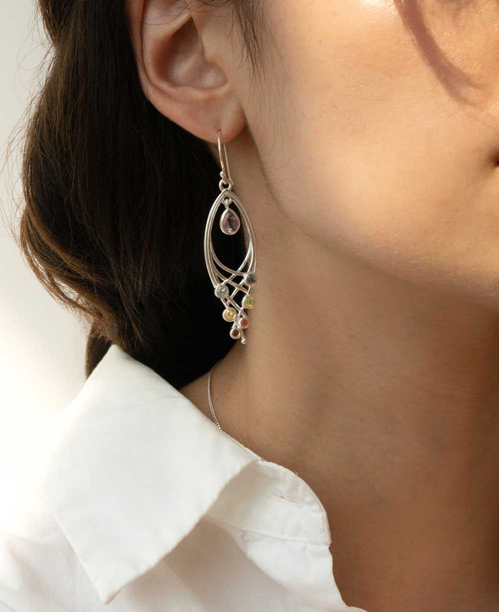 Premium Leaf Shaped Sterling Silver Chakra Gemstone Dangle Earrings、mySite、topwebapps