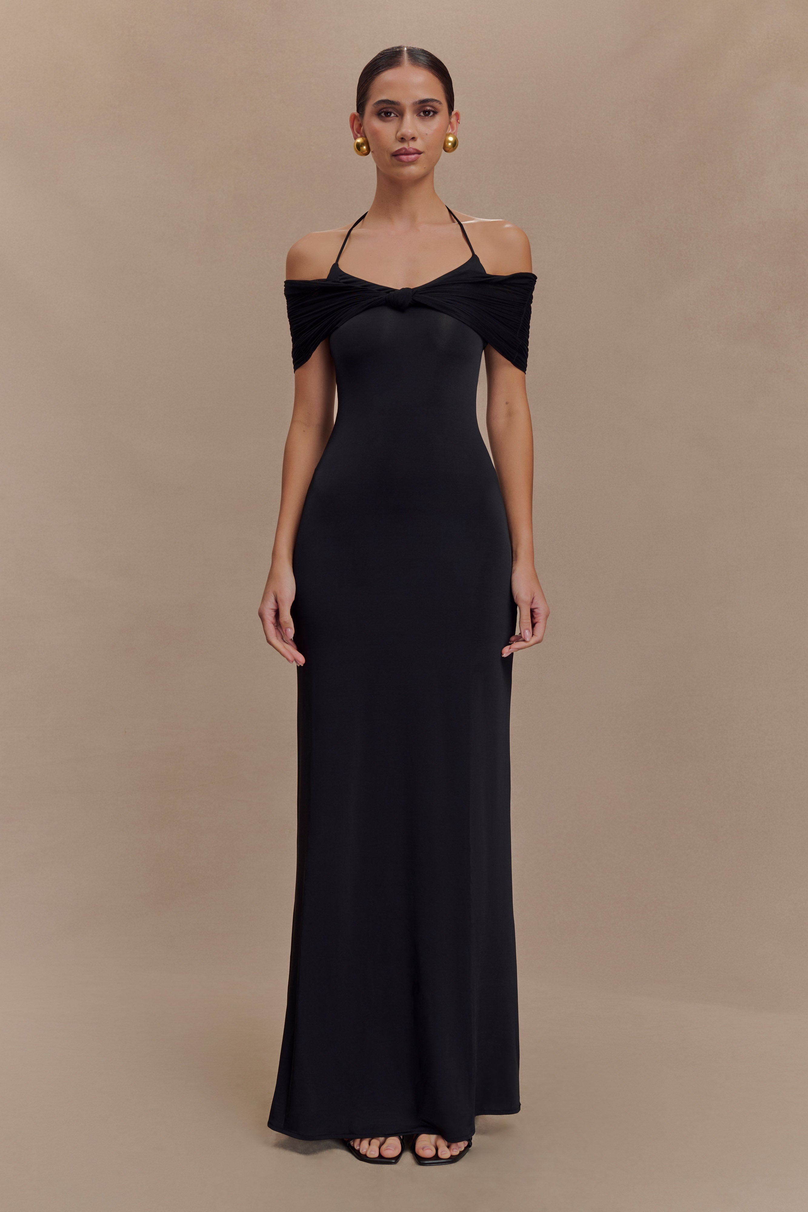 Bernadina Mesh And Slinky Halter Maxi Dress - Black、mySite、solidvoid