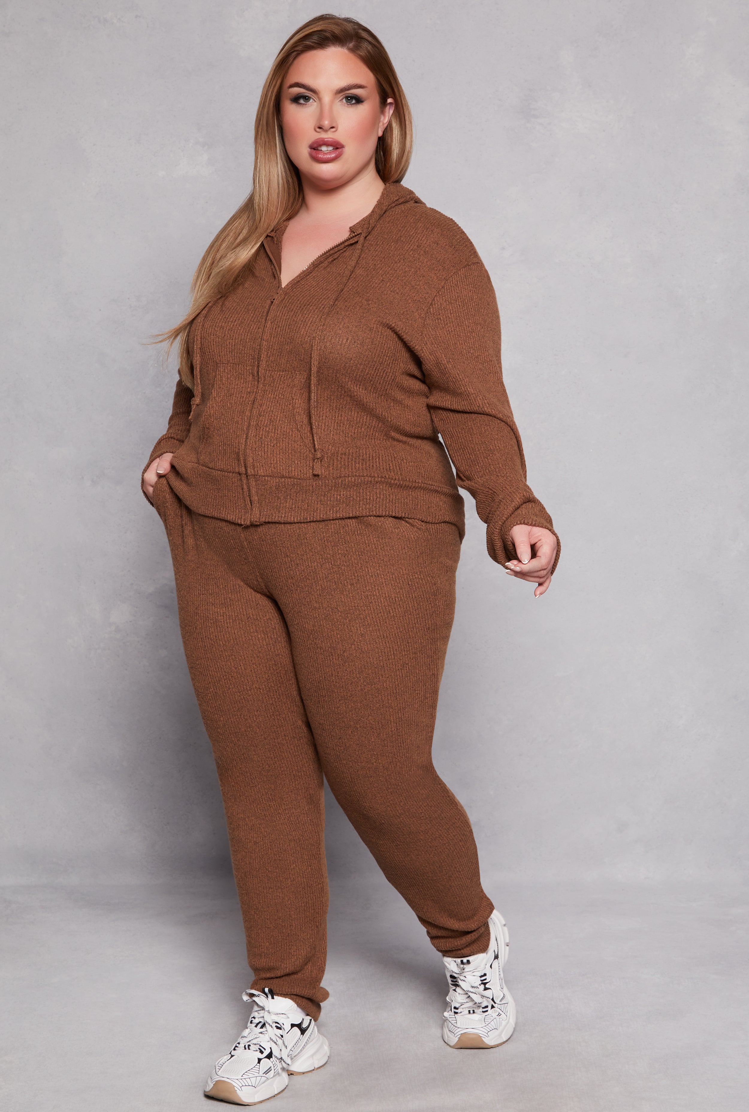 Plus Size Daisy Brushed Knit Zip Front Hoodie、mySite、camillekostekn