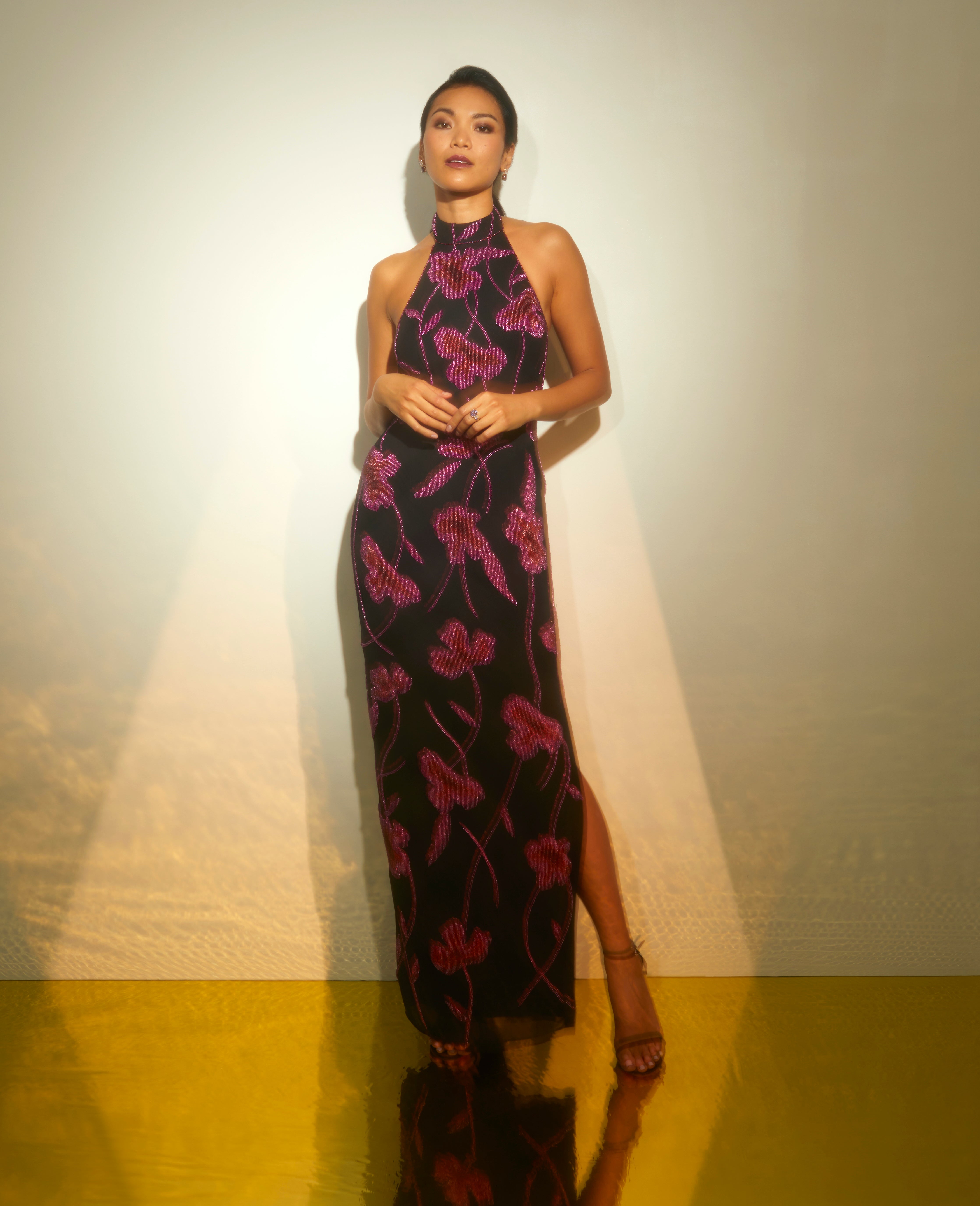 Beaded Floral Halter Column Gown With Mock Neck In Black Multi、mySite、solidvoid