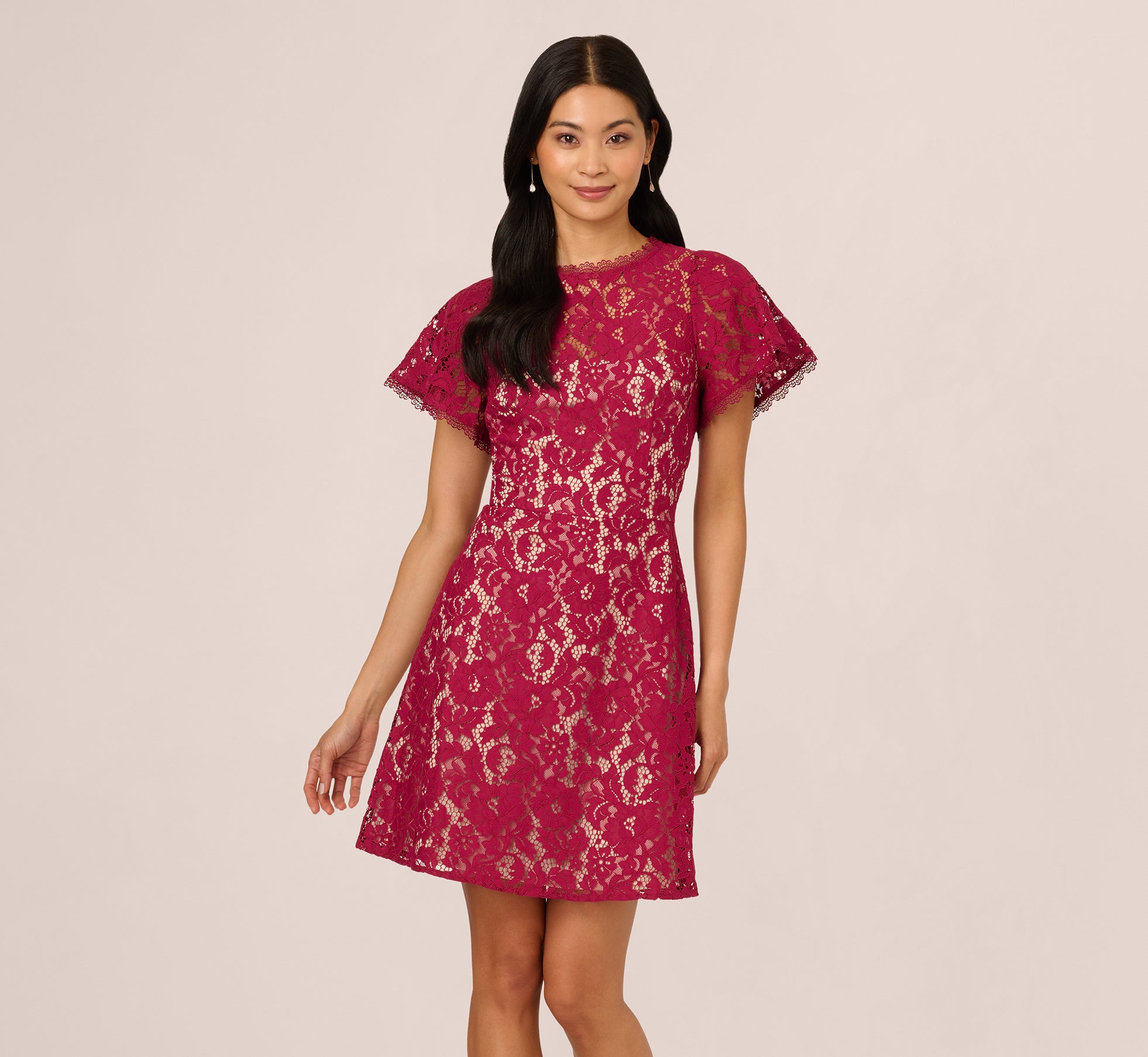 Short Sleeve Lace Illusion Short Dress In Light Wine、mySite、solidvoid