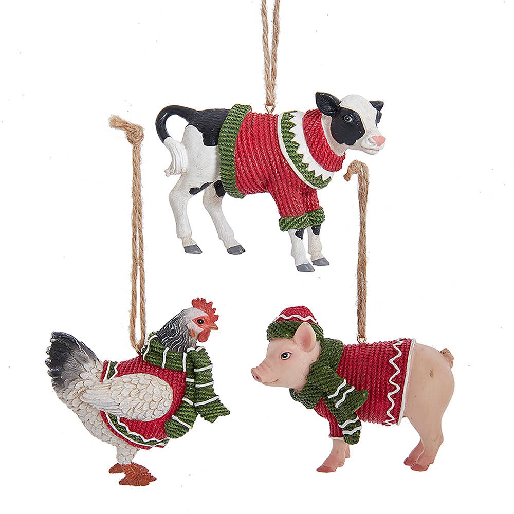 FARM ANIMALS W/SWEATER and SCARF Ornaments Pig,Cow, Chicken Kurt Adler、mySite、g9winljtr