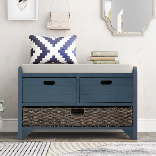 TREXM Storage Bench with Removable Basket and 2 Drawers, Fully Assembled Shoe Bench with Removable Cushion (Navy)、、casual