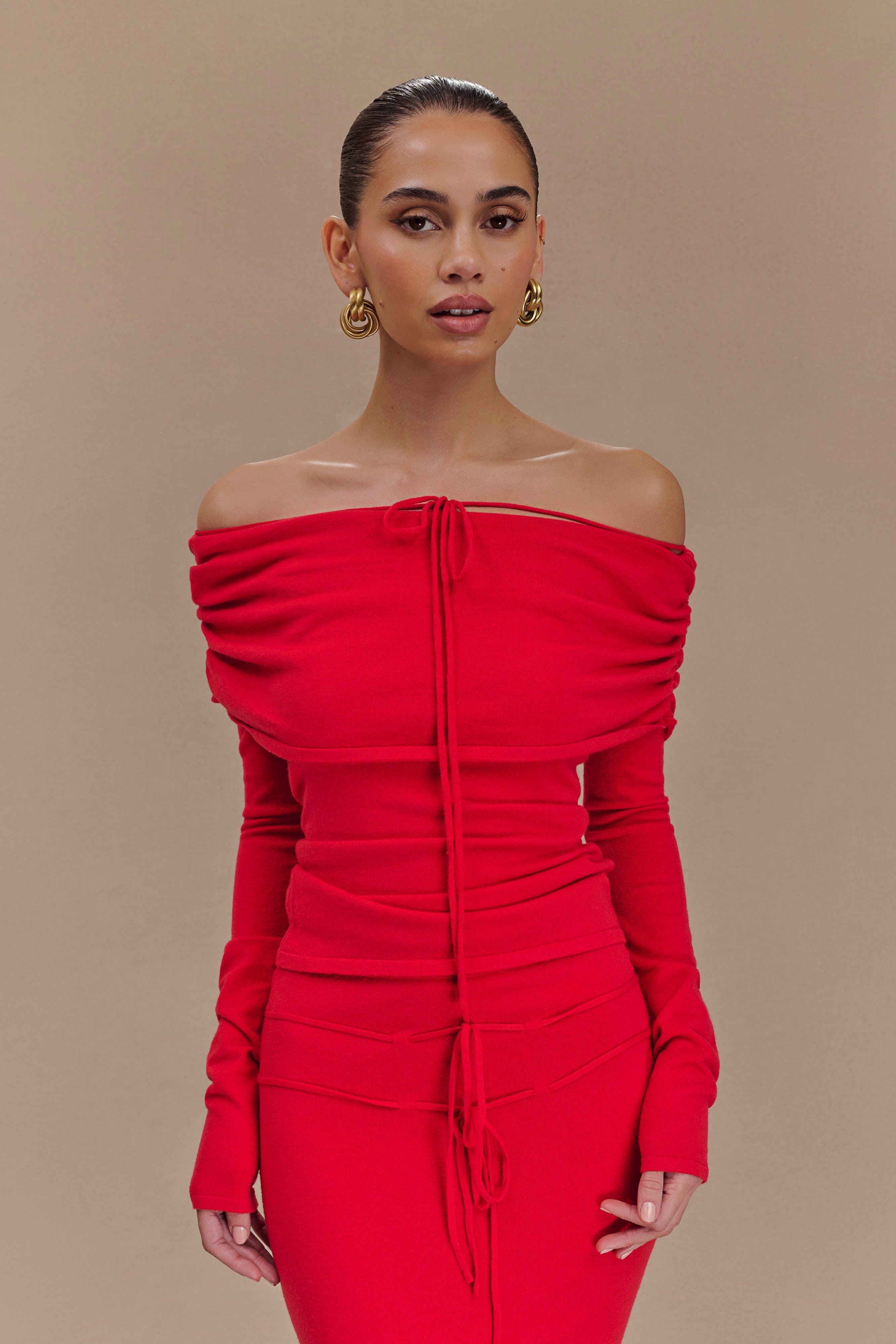 Polly Off Shoulder Long Sleeve Knit Top - Red、mySite、solidvoid