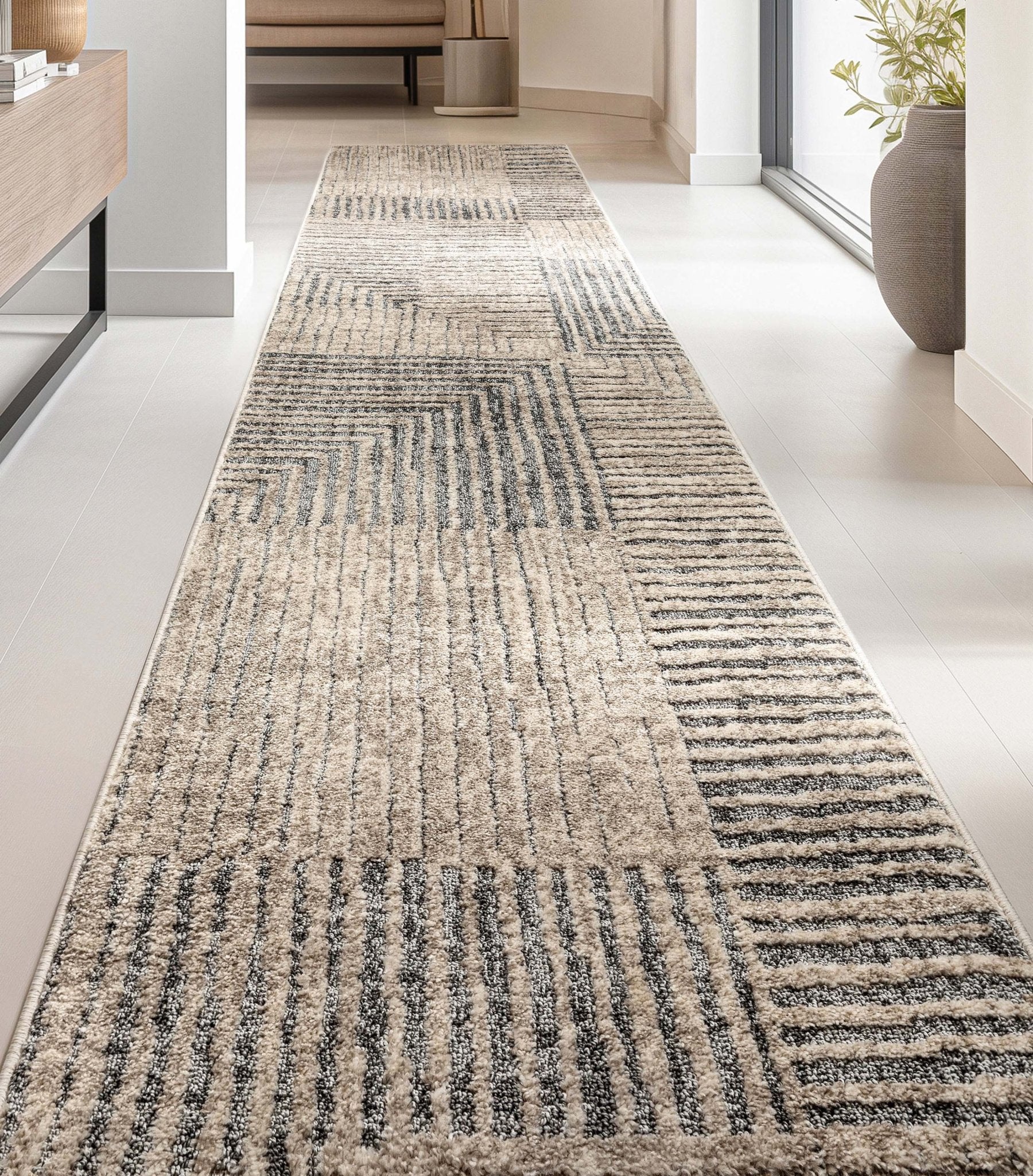Custom Size Runner Sula Modern Geometric Boxes Ivory Grey Choose Your Width x Choose Your Length Hallway Runner Rug、mySite、gigharbornorthrealestate