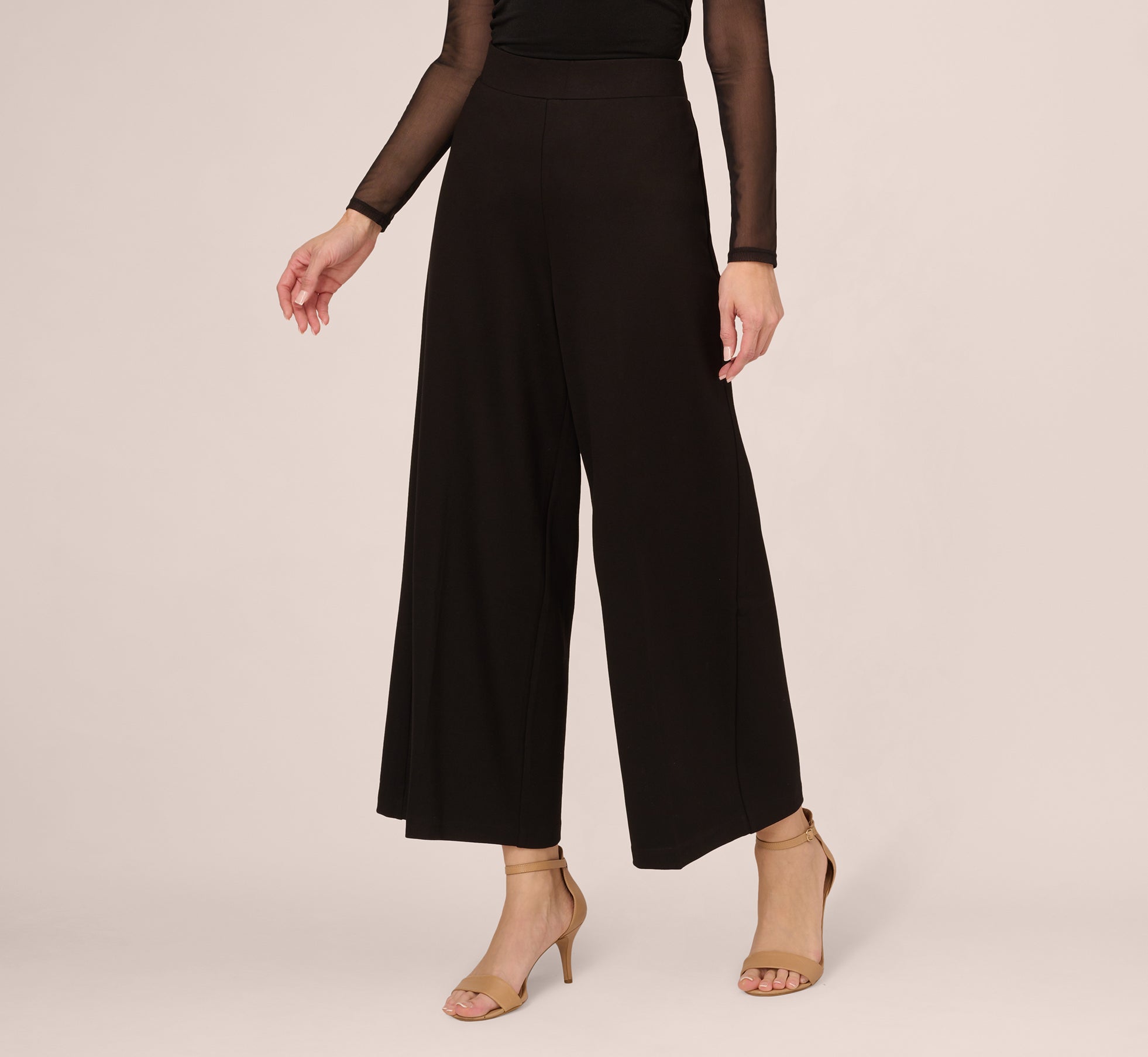 Ponte Knit Wide Leg Pants With Elastic Waist In Black、mySite、solidvoid
