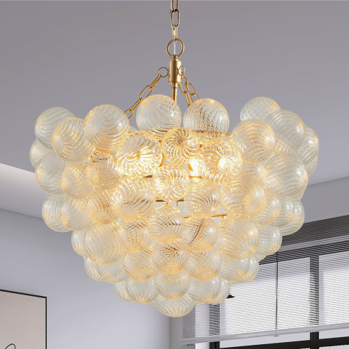 27.5-Inch Gold Pendant Light Chandelier with Threaded Clear Glass Globe Shade – Adjustable Height, Ideal for Living Room, Dining Room, Kitchen (No Bulbs)、、eastwooduniform