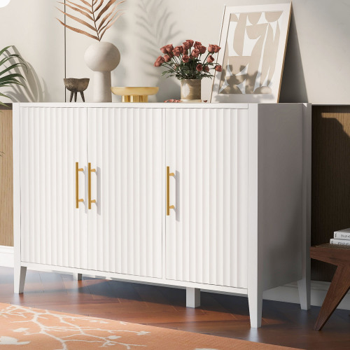 U_Style 63.1''Modern 4-Vertical Wavy Slatted Doors Sideboard,Storage Cabinet With Elegant Design, Solid Wood Legs with Painted,Metal Handles,for Dining Room,Living Room, Kitchen, or Entryway(Black)、、casual