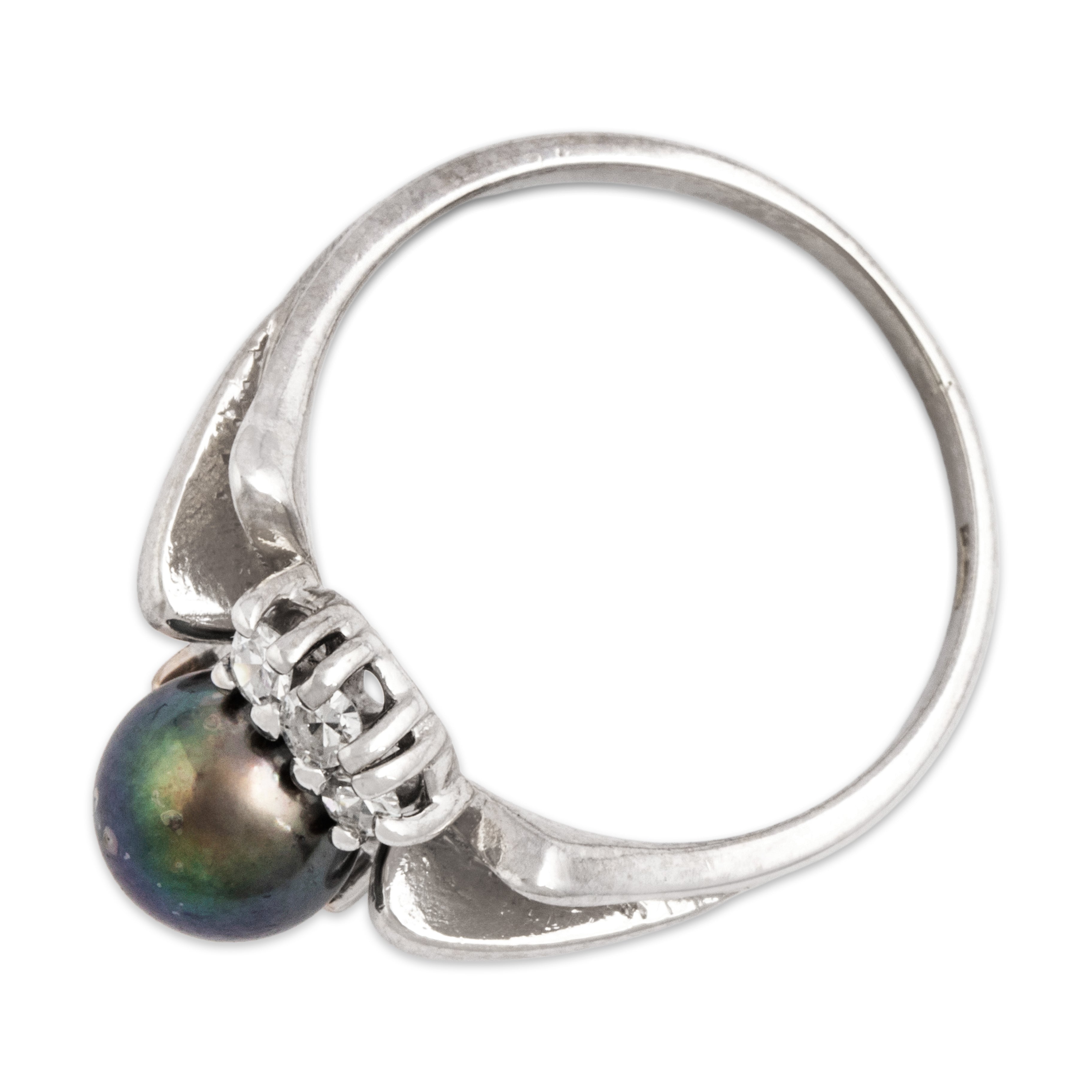 Vintage 14k White Gold Tahitian Pearl Diamond Brushed Modern Ring 5.25、mySite、hinf8tx79