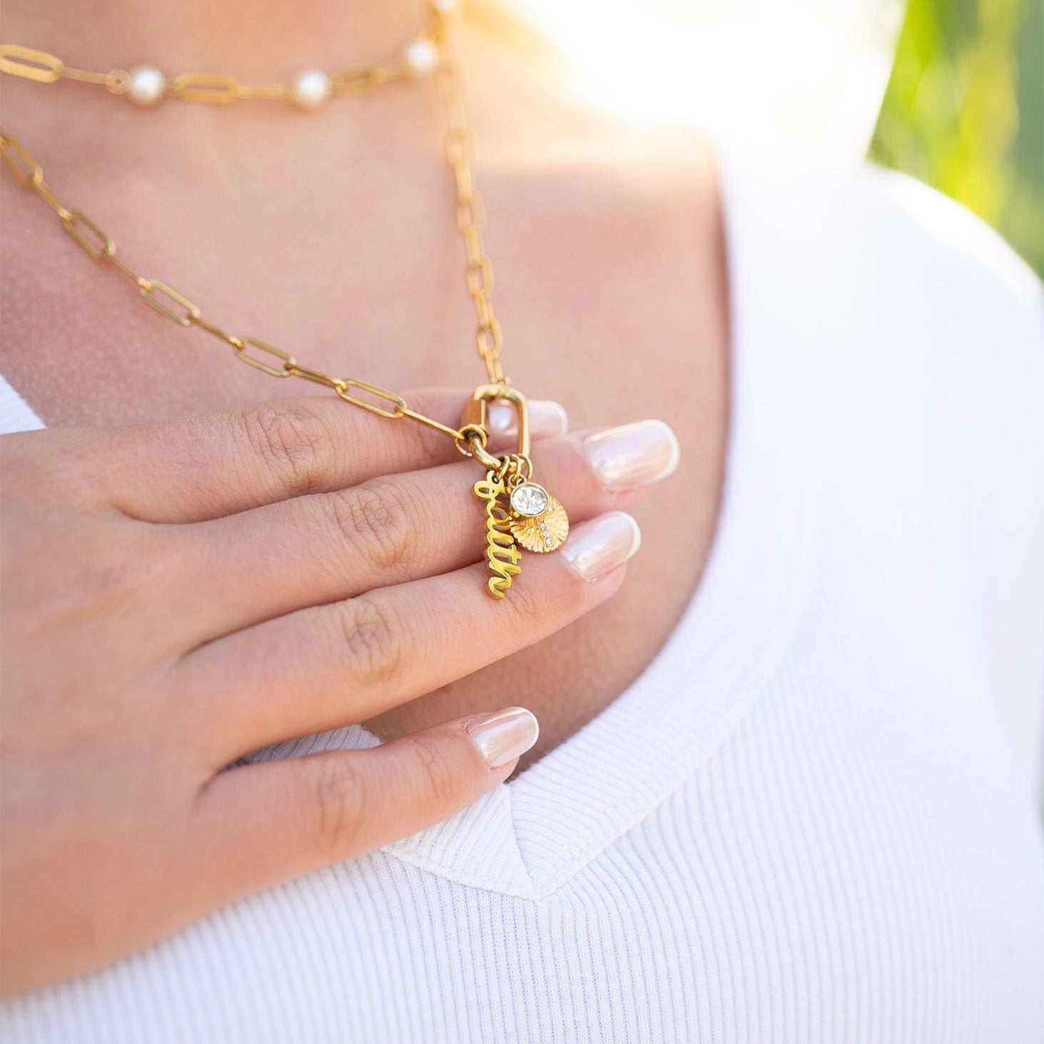 18K Gold PVD Stainless Steel Carabiner Faith Charm Paperclip Necklace / CHN0049、mySite、dreamappss