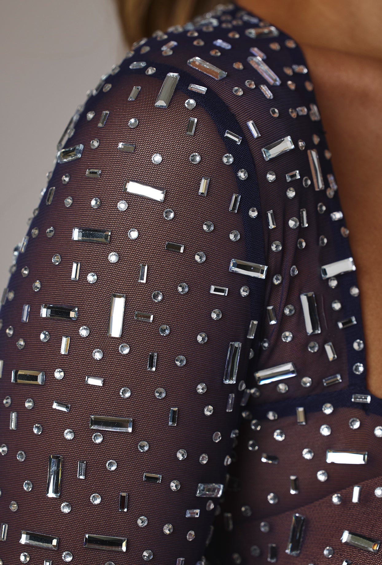 Sheer Embellished Long Sleeve Crop Top in Navy、mySite、solidvoid