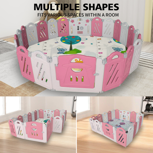 16+2 Panel Baby Playpen, Foldable Playard for Baby and Kids, Adjustable Shape Play Fence with Safety Lock Gate (Pink+White,16+2 Panel)、、casual